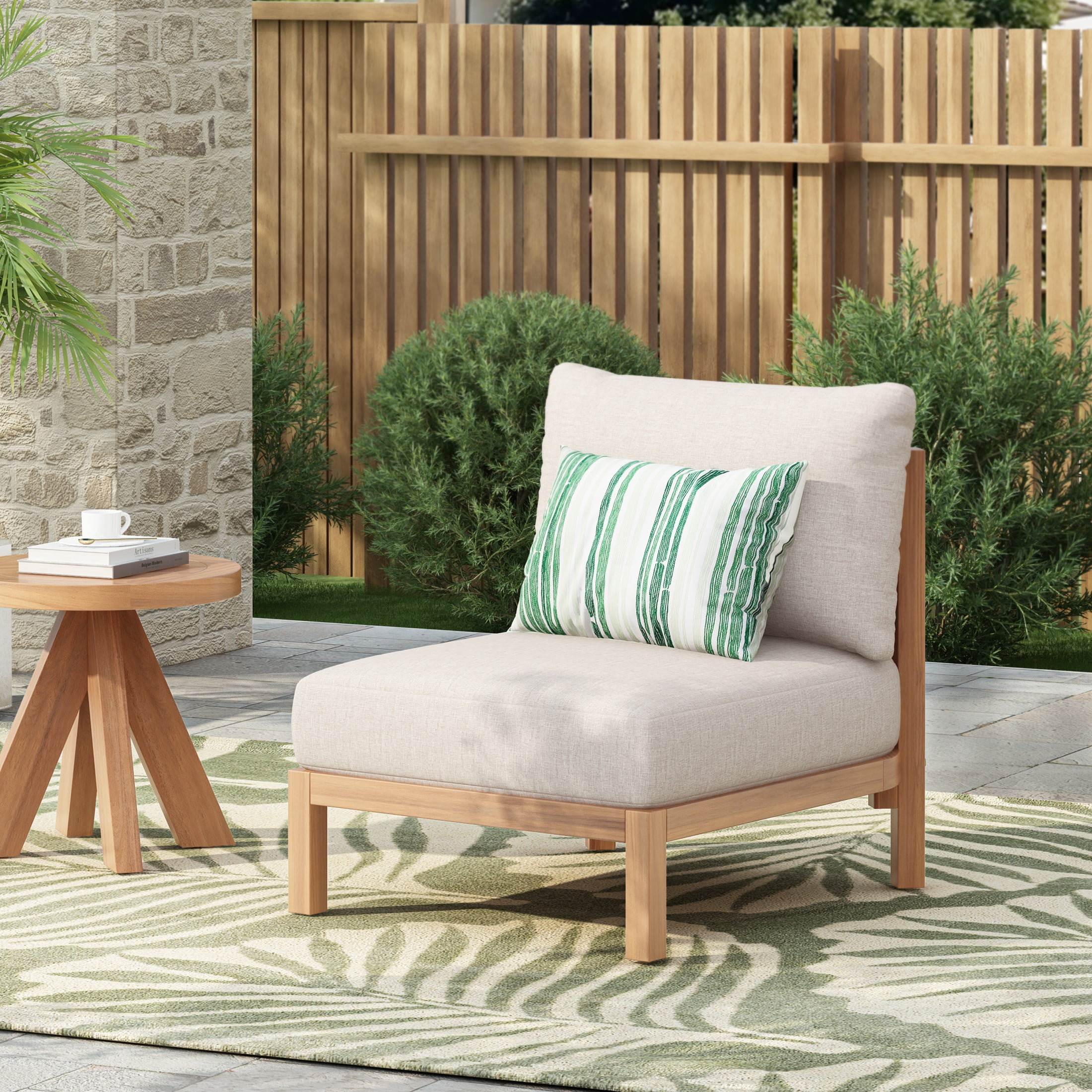 Christopher Knight Home Light Teak Wooden Outdoor Armless Chair with Rope Back, Beige Cushion