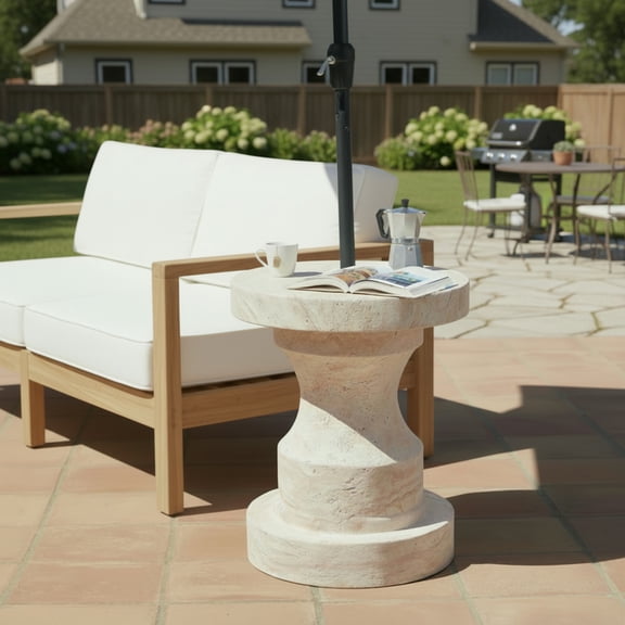 Christopher Knight Home Lightweight Concrete Umbrella Base, Outdoor Patio Side Table, Natural Travertine