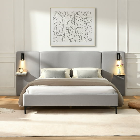 Christopher Knight Home Linen Fabric Upholstered Gray Queen Size Bed with Integrated Lights and Shelves, Featuring Two Built-In Reading Lights and Convenient Shelving, without Mattresses