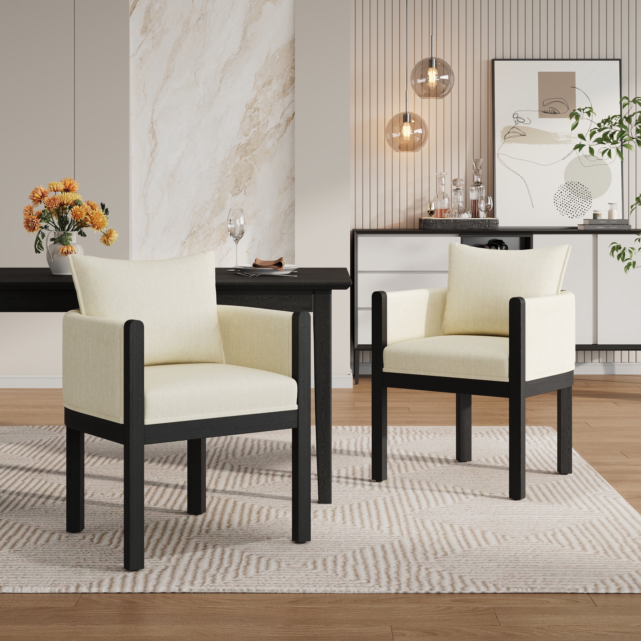 Christopher Knight Home Linen Upholstered Dining Chair, Accent Armchair with Solid Wood Frame, Black+White, Set of 2