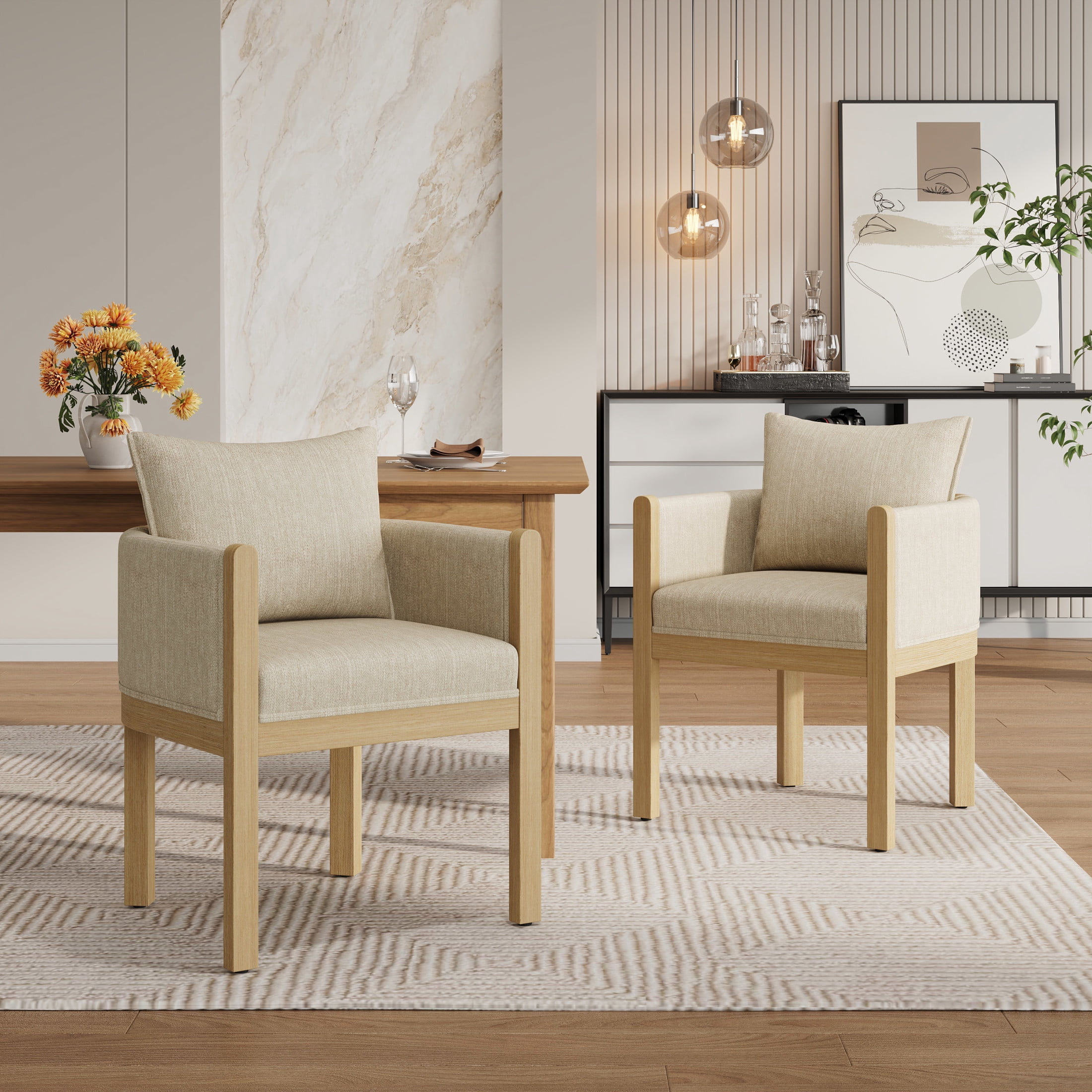 Christopher Knight Home Linen Upholstered Dining Chair, Accent Armchair with Solid Wood Frame, Natural+Beige, Set of 2