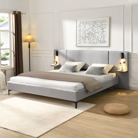 Christopher Knight Home Linen Upholstered King Platform Bed with Reading Lights and Headboard Shelves, Grey