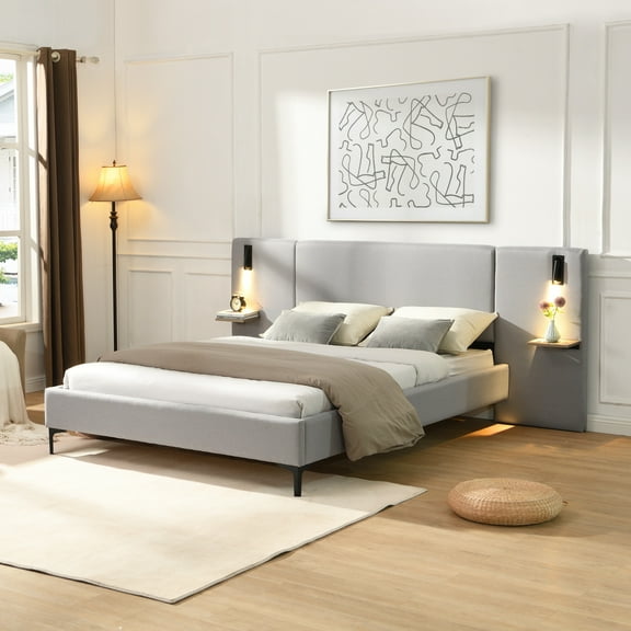 Christopher Knight Home Linen Upholstered Queen Platform Bed with Reading Lights and Gray Headboard Shelves
