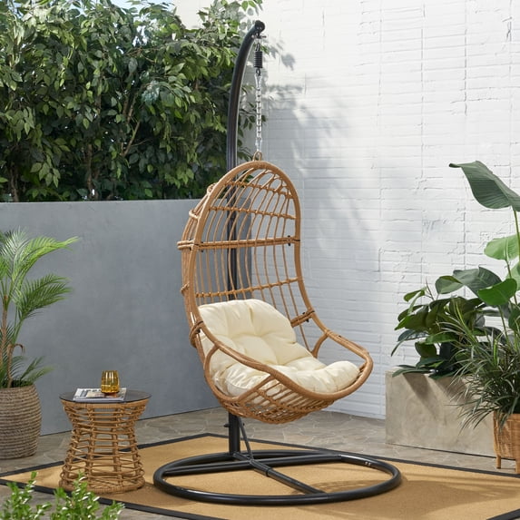 Christopher Knight Home Lombard Rattan Hanging Chair by - 400 lb limit Light Brown + Black + Beige