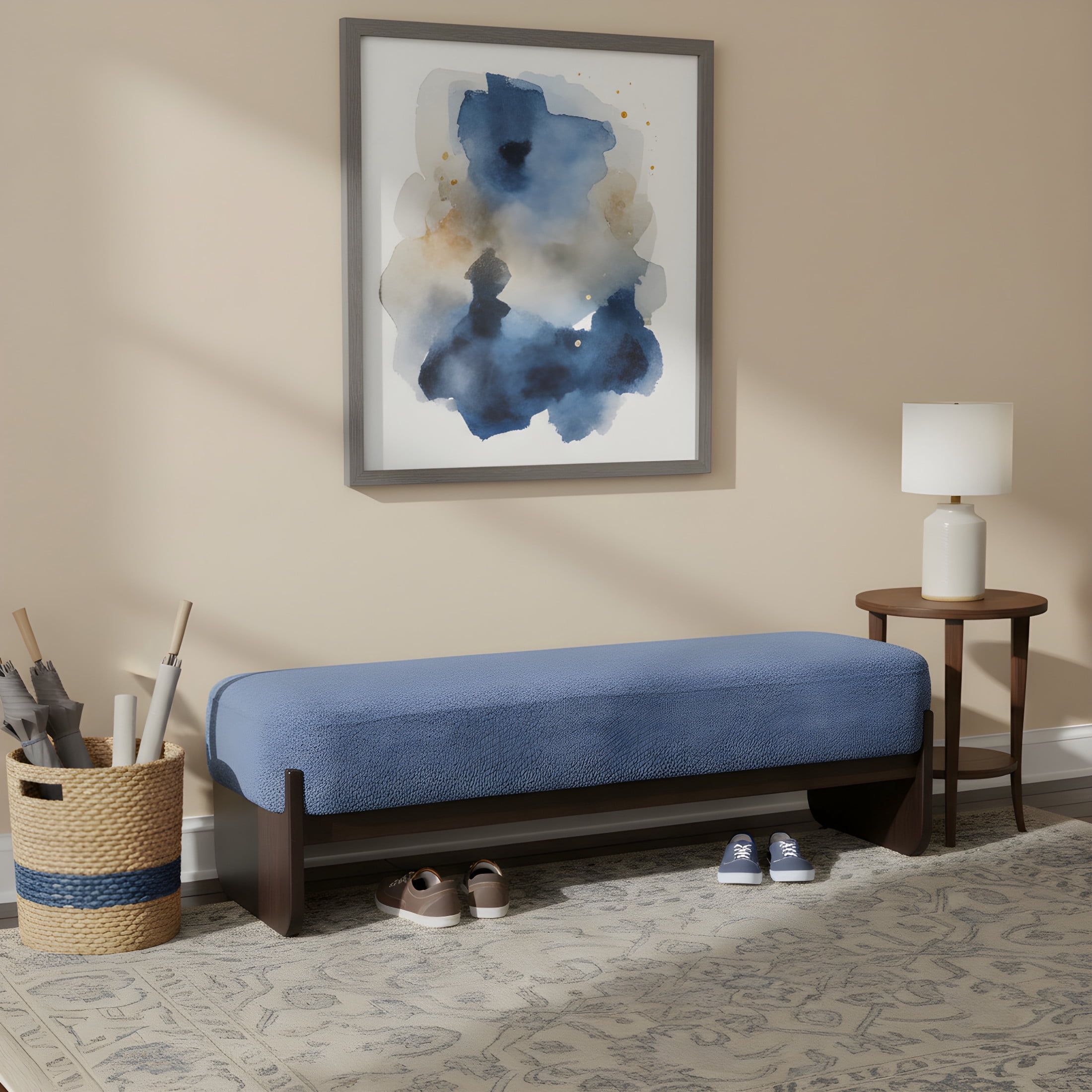 Christopher Knight Home Loop Yarn Rectangle Ottoman Bench with Brown Wooden Legs and Blue Upholstered