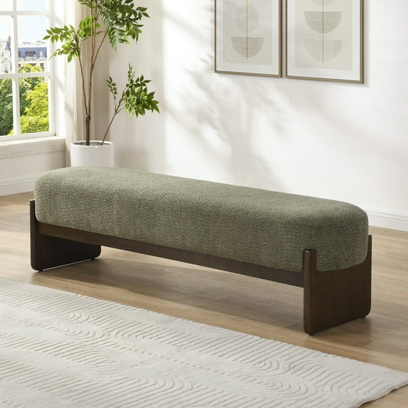 Christopher Knight Home Loop Yarn Rectangle Ottoman Bench with Brown Wooden Legs and Dark Green Upholstered