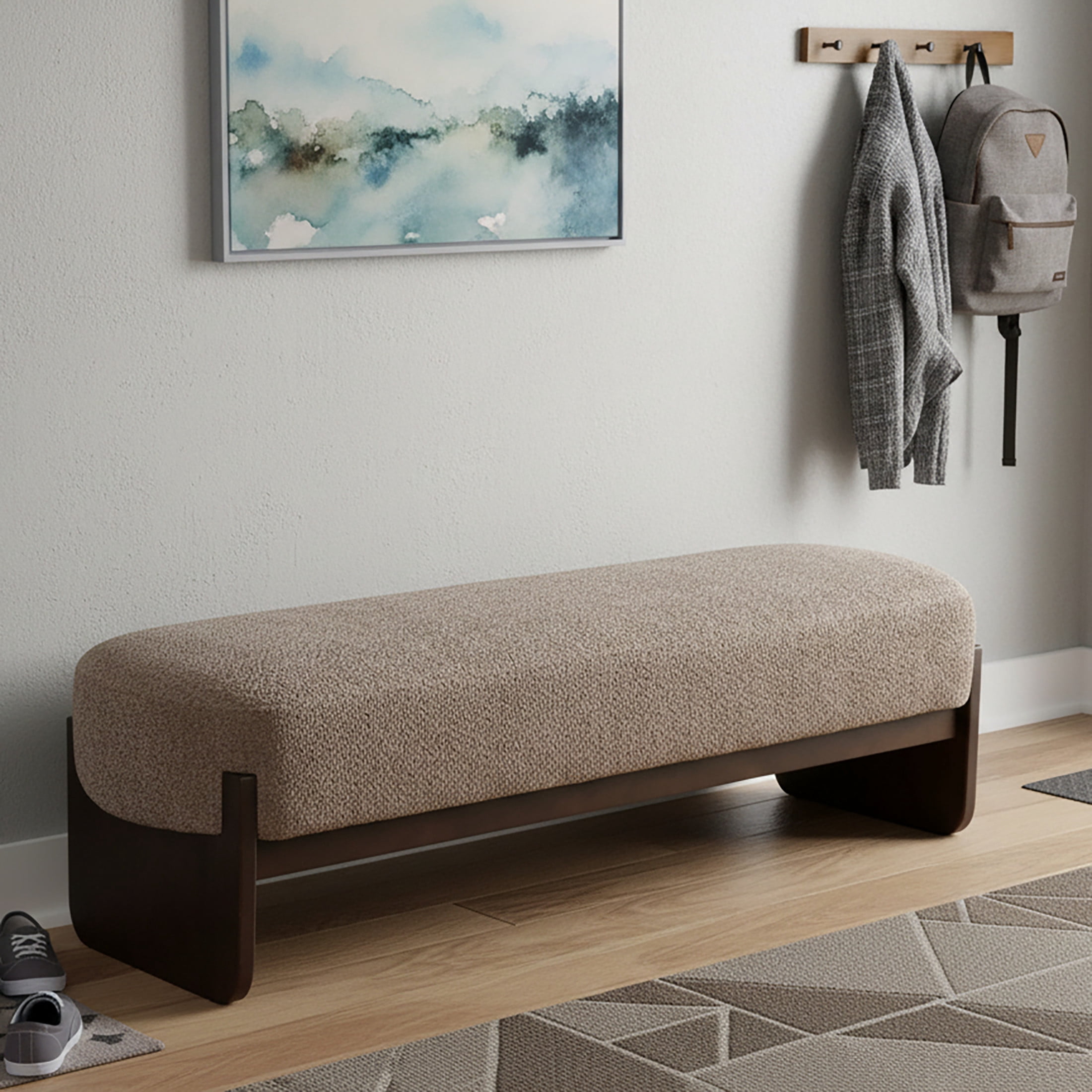 Christopher Knight Home Loop Yarn Rectangle Ottoman Bench with Brown Wooden Legs and Light Brown Upholstered