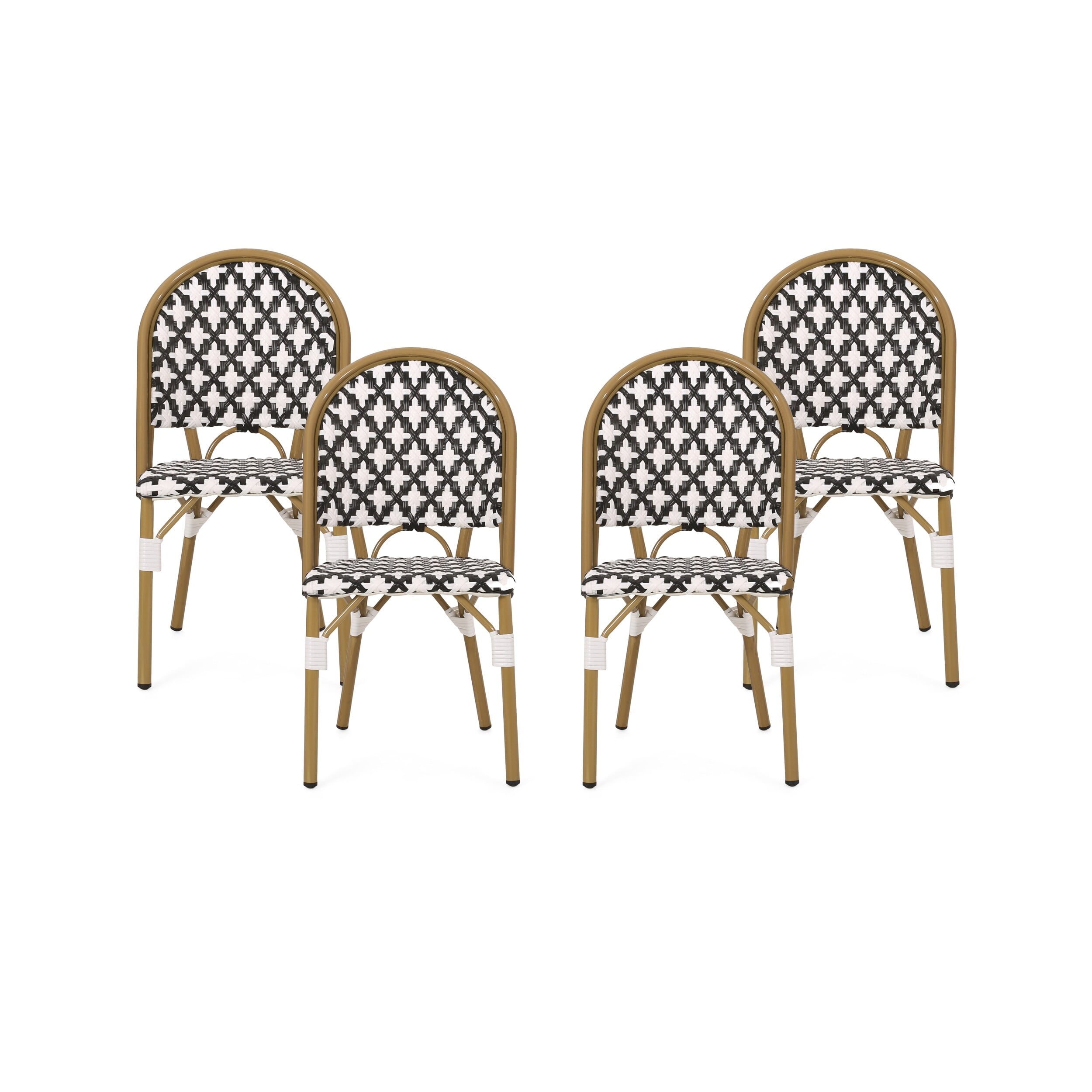 Set of 4 Black and White Bamboo Print Armless Outdoor Bistro Chairs
