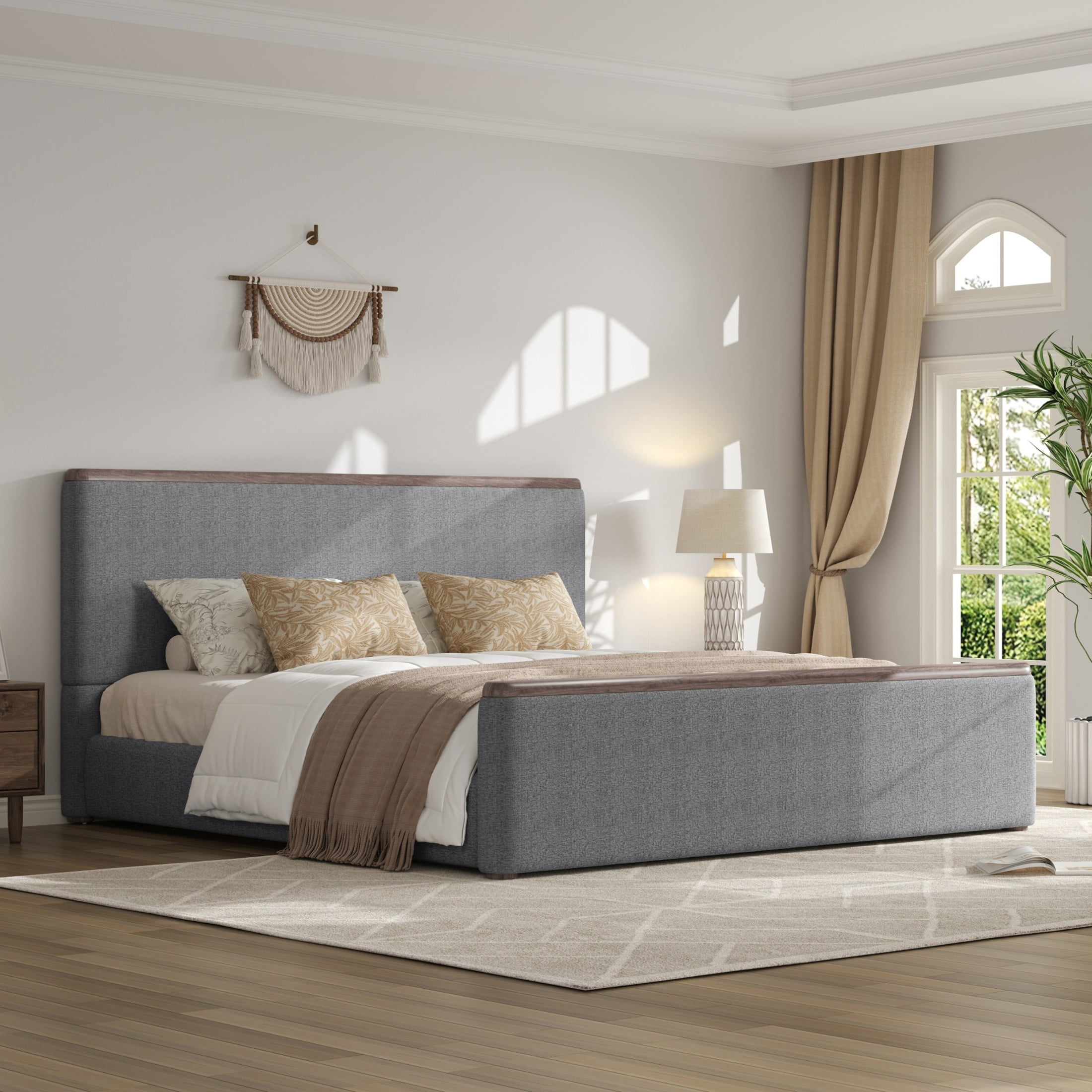 Christopher Knight Home Low-Profile Upholstered Platform Bed with Padded Headboard, King, Gray