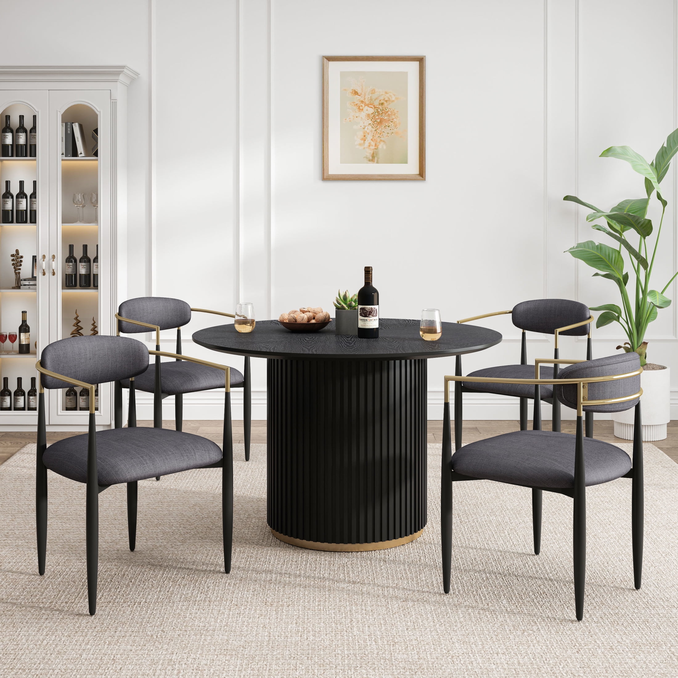 Christopher Knight Home Luxury 5-Piece Dining Set, 47.3" Round Table and 4 Upholstered Chairs, Charcoal
