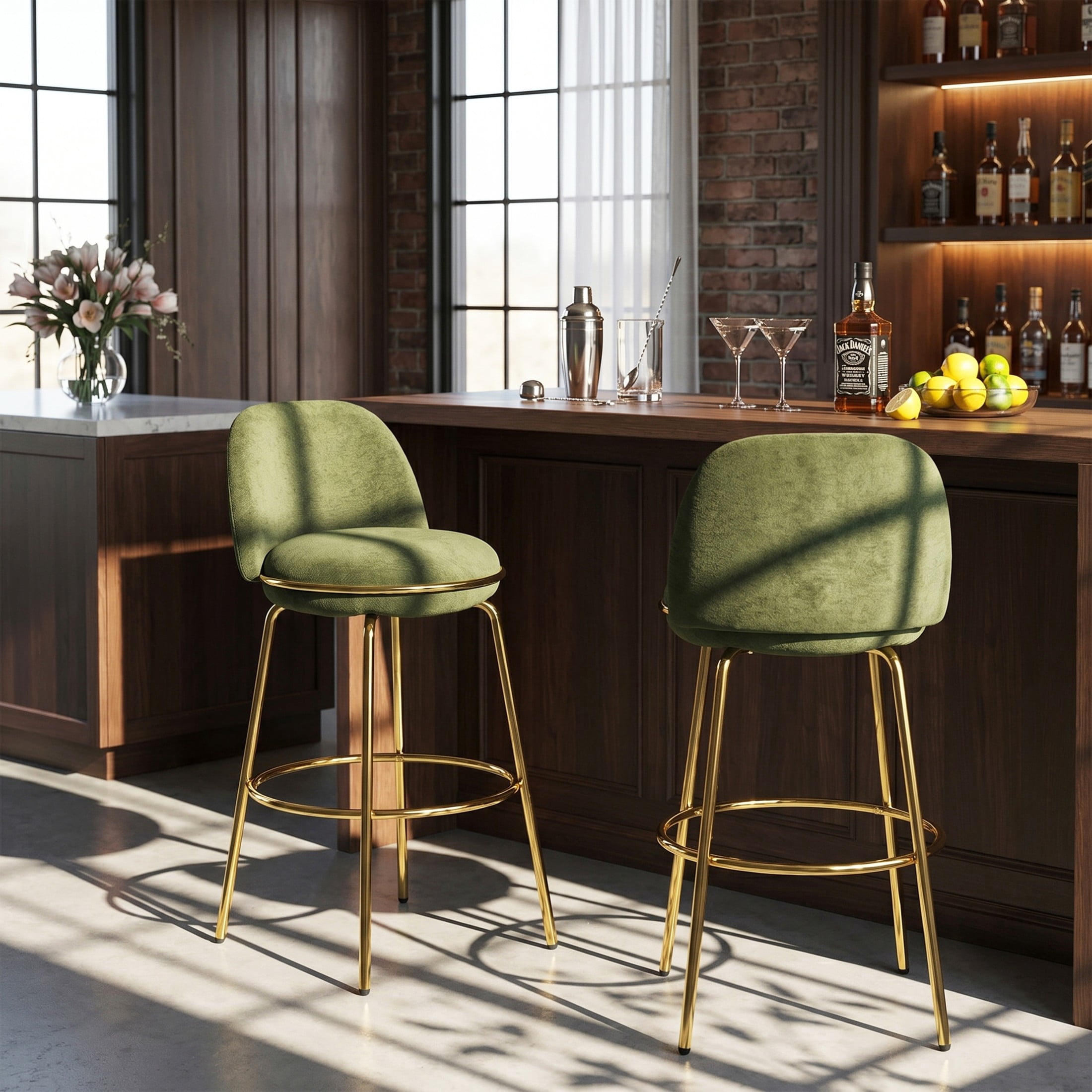 Christopher Knight Home Luxury Green Upholstered Bar Stools, Gold Metal Frames, Set of 2