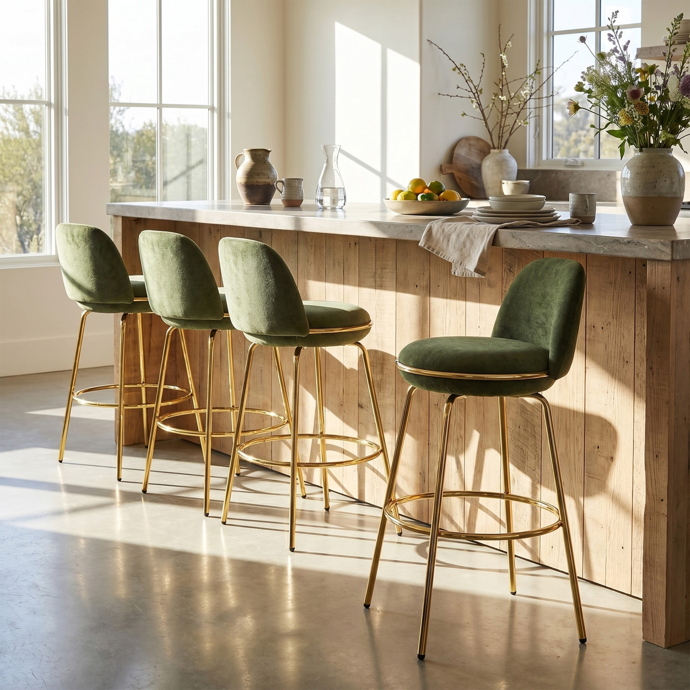 Christopher Knight Home Luxury Green Upholstered Bar Stools, Gold Metal Frames, Set of 4