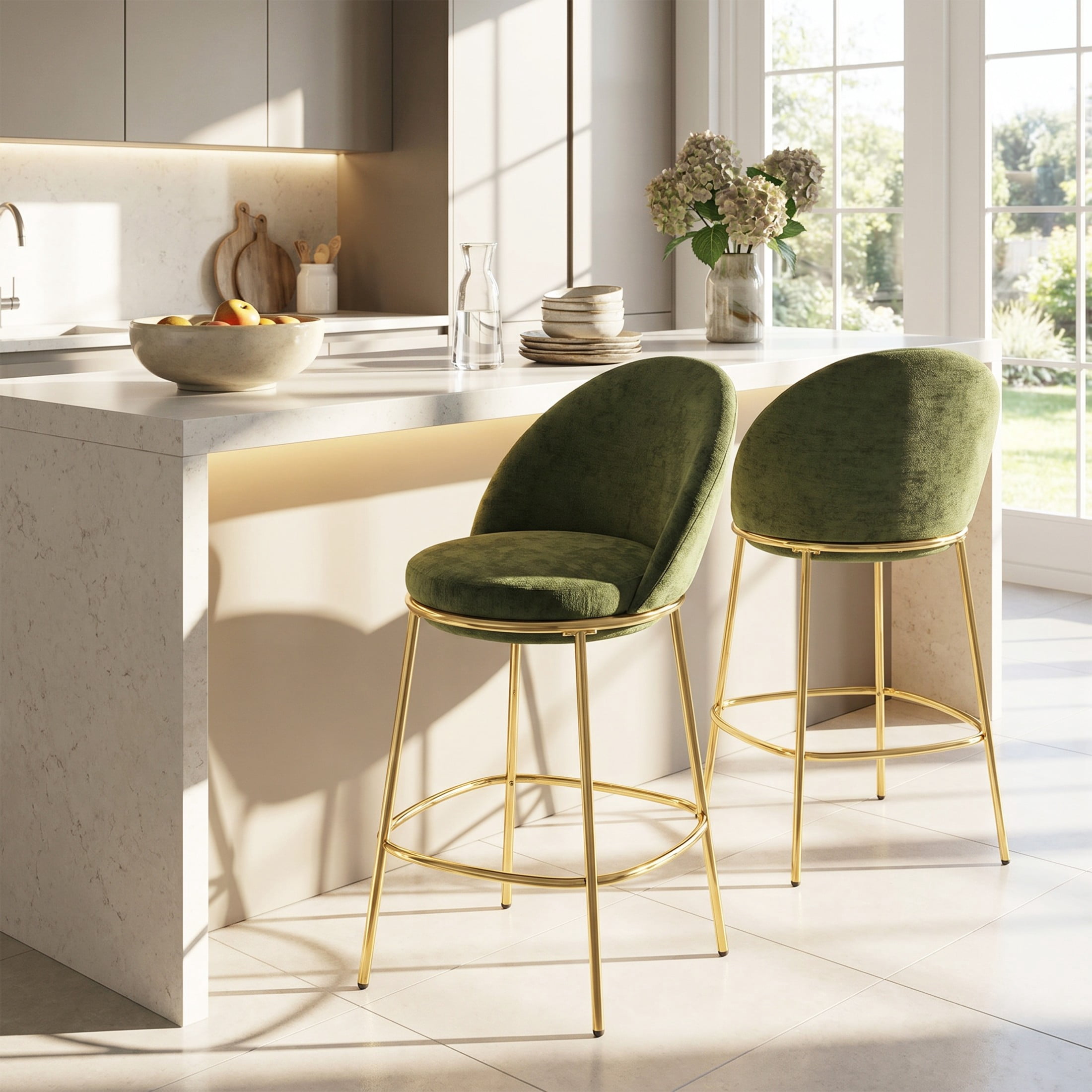 Christopher Knight Home Luxury Green Upholstered Barstools, Gold Metal Frame, Set of 2