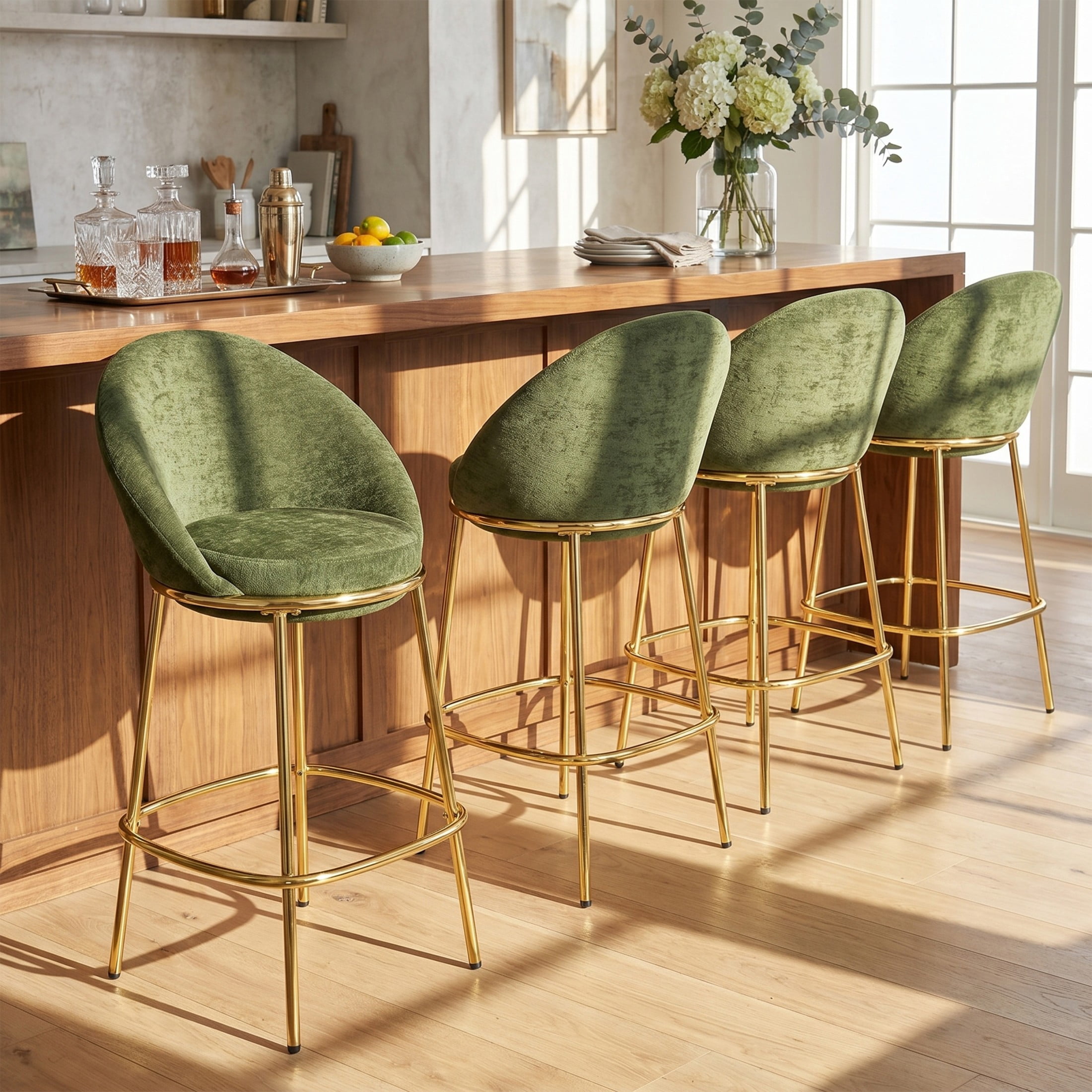 Christopher Knight Home Luxury Green Upholstered Barstools, Gold Metal Frame, Set of 4