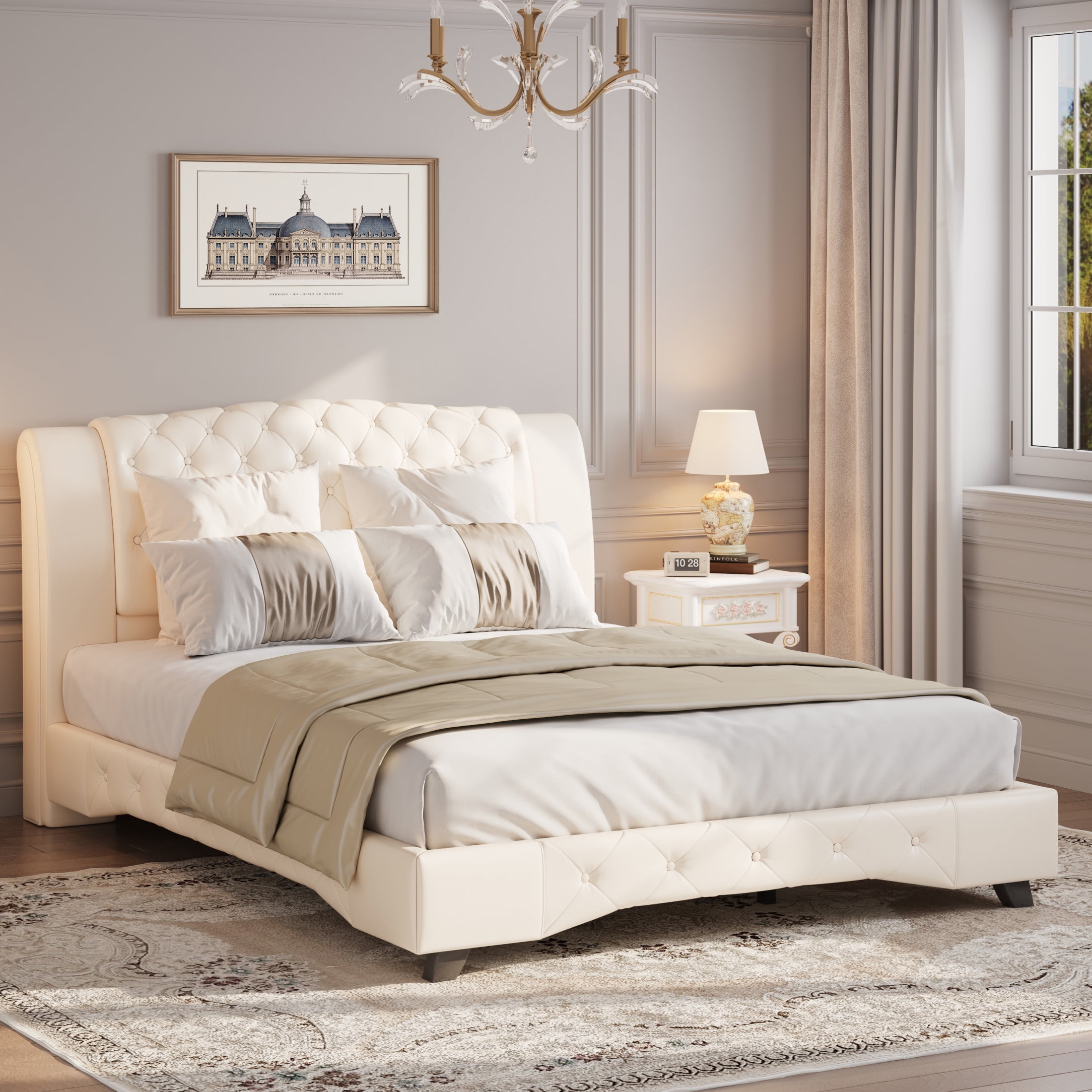 Christopher Knight Home Luxury King Button Tufted Platform Bed with Tall Headboard, PU Upholstered, Beige