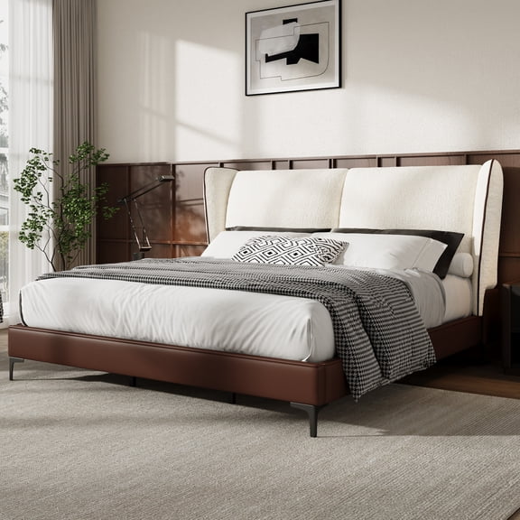 Christopher Knight Home Luxury King Upholstered Platform Bed, Teddy Fleece Wingback Headboard, White