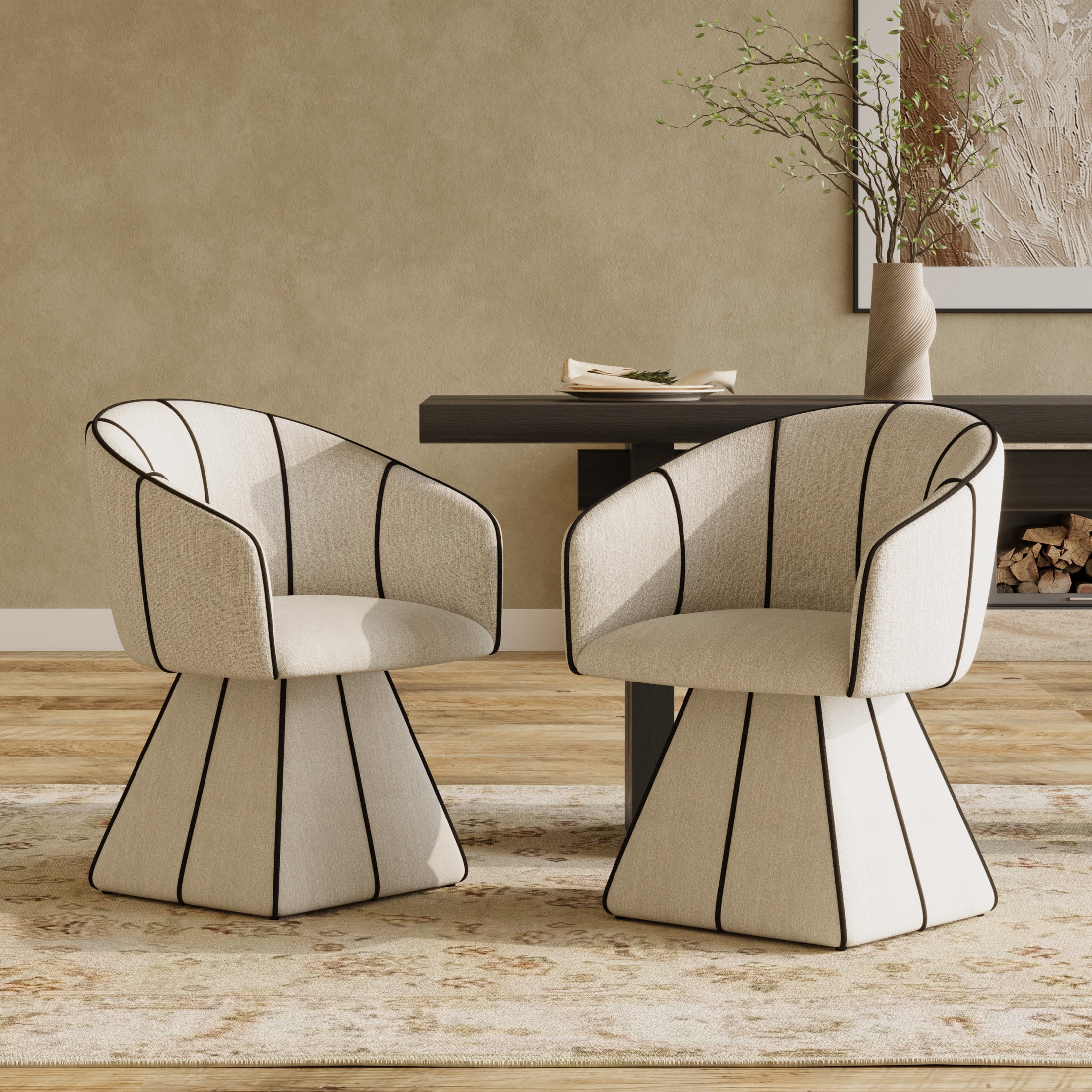 Christopher Knight Home Luxury Upholstered Swivel Dining Chairs with Barrel Back, Beige+Black, Set of 2
