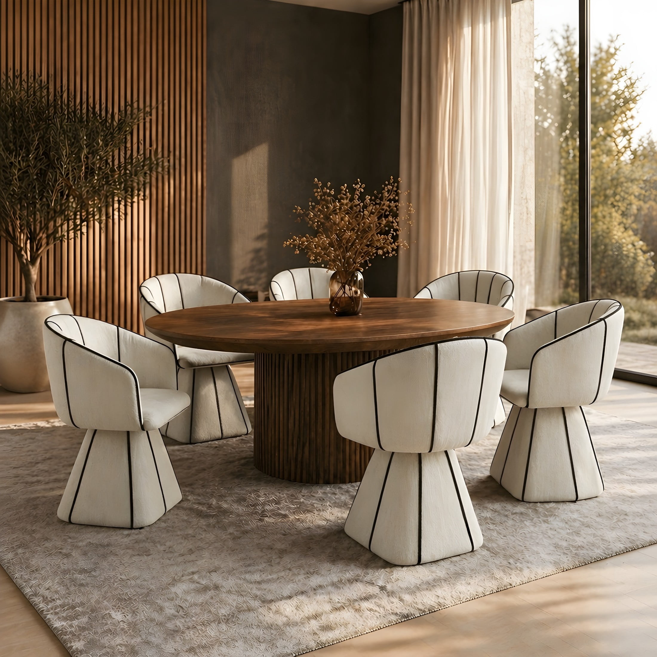 Christopher Knight Home Luxury Upholstered Swivel Dining Chairs with Barrel Back, Beige+Black, Set of 6
