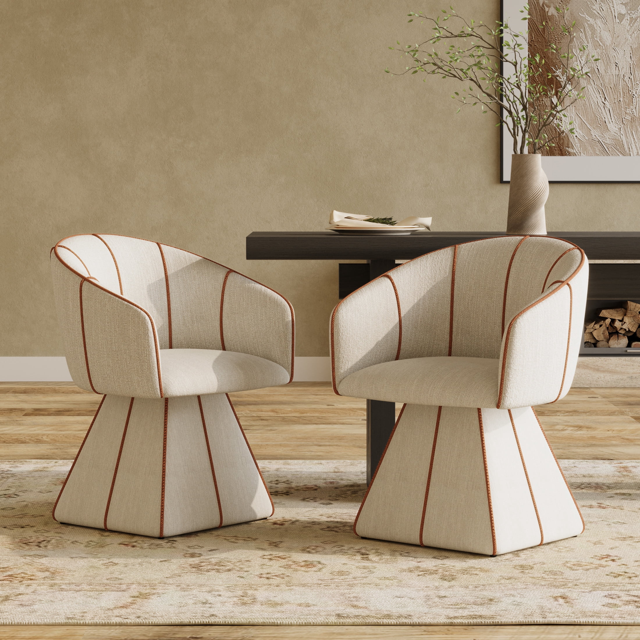 Christopher Knight Home Luxury Upholstered Swivel Dining Chairs with Barrel Back, Beige+Champagne, Set of 2