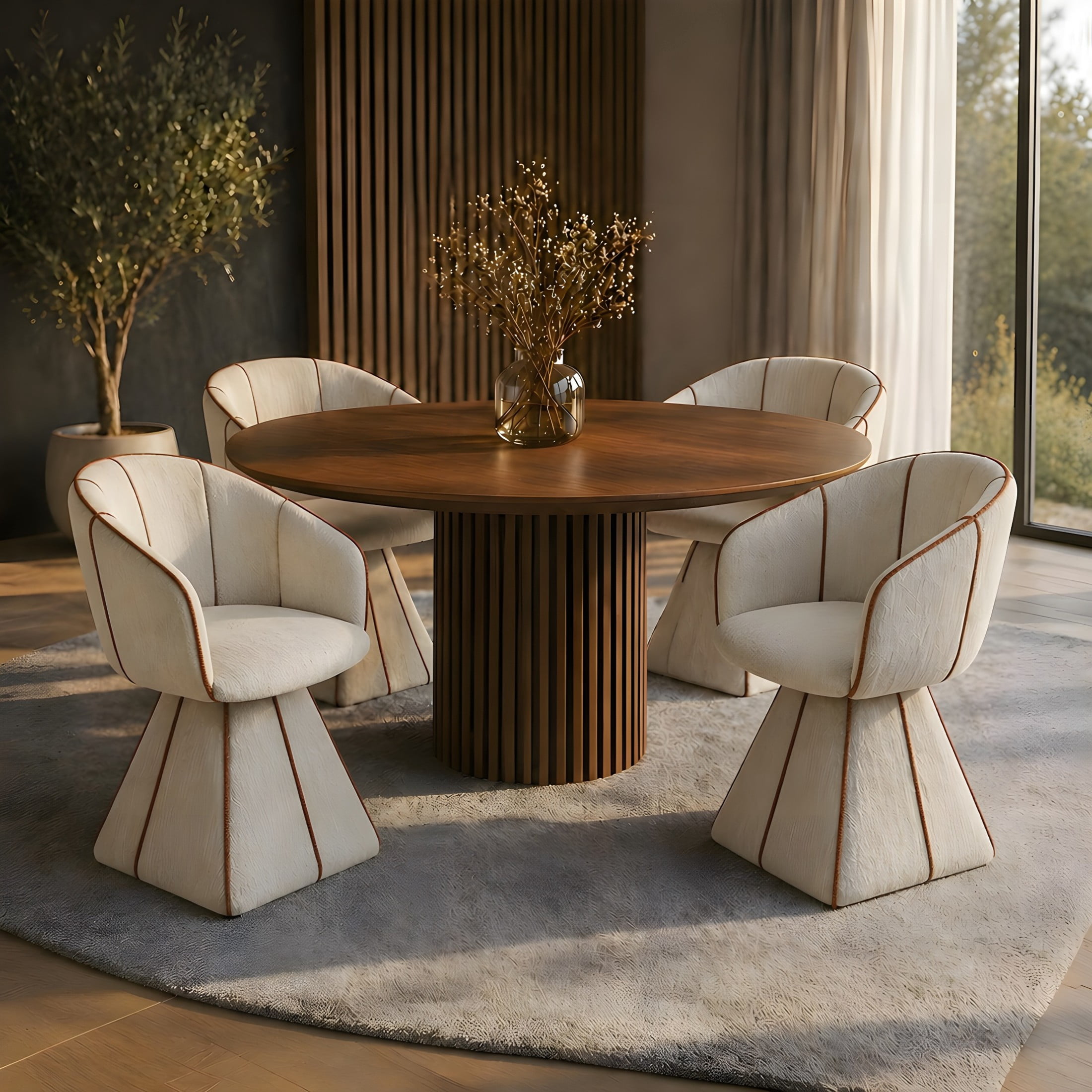 Christopher Knight Home Luxury Upholstered Swivel Dining Chairs with Barrel Back, Beige+Champagne, Set of 4