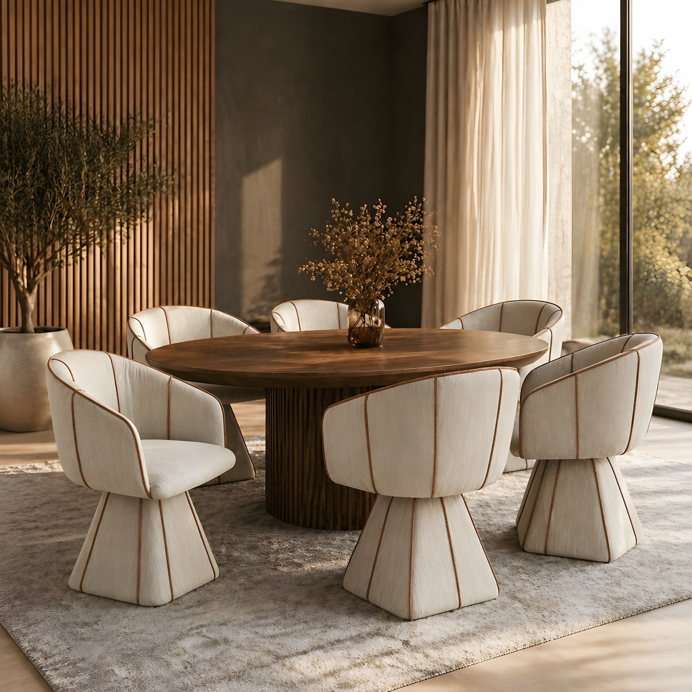 Christopher Knight Home Luxury Upholstered Swivel Dining Chairs with Barrel Back, Beige+Champagne, Set of 6