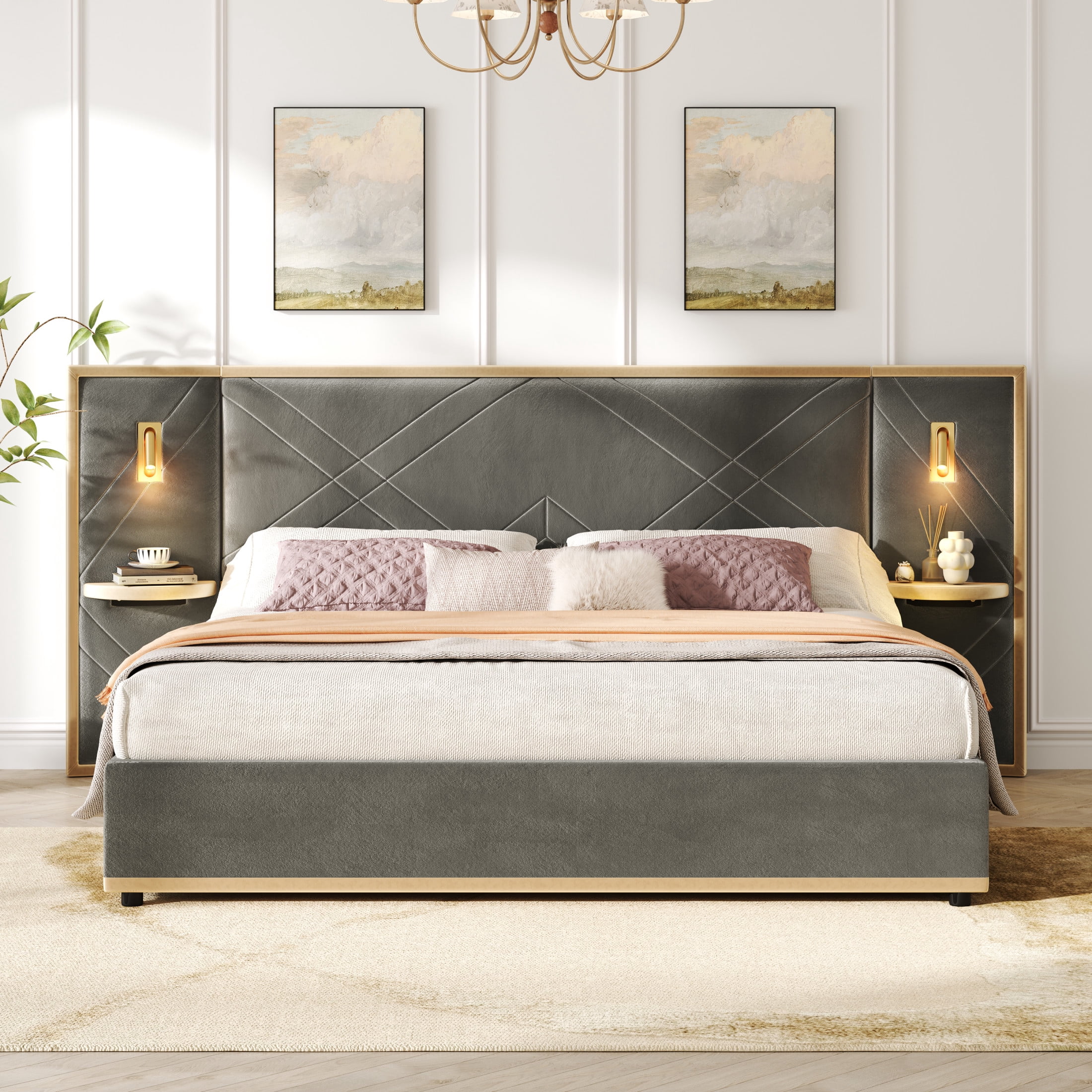 Christopher Knight Home Luxury Velvet Upholstered King Bed with Headboard, LED Lights, Storage Side Panels, Gray