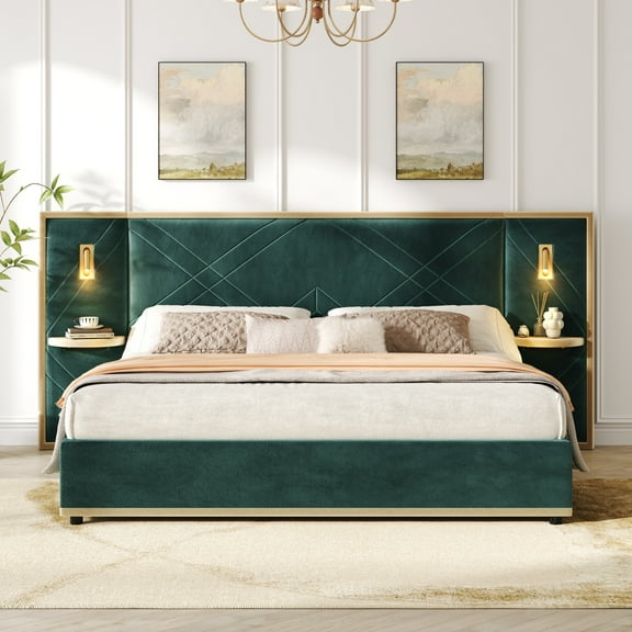 Christopher Knight Home Luxury Velvet Upholstered King Bed with Headboard, LED Lights, Storage Side Panels, Green