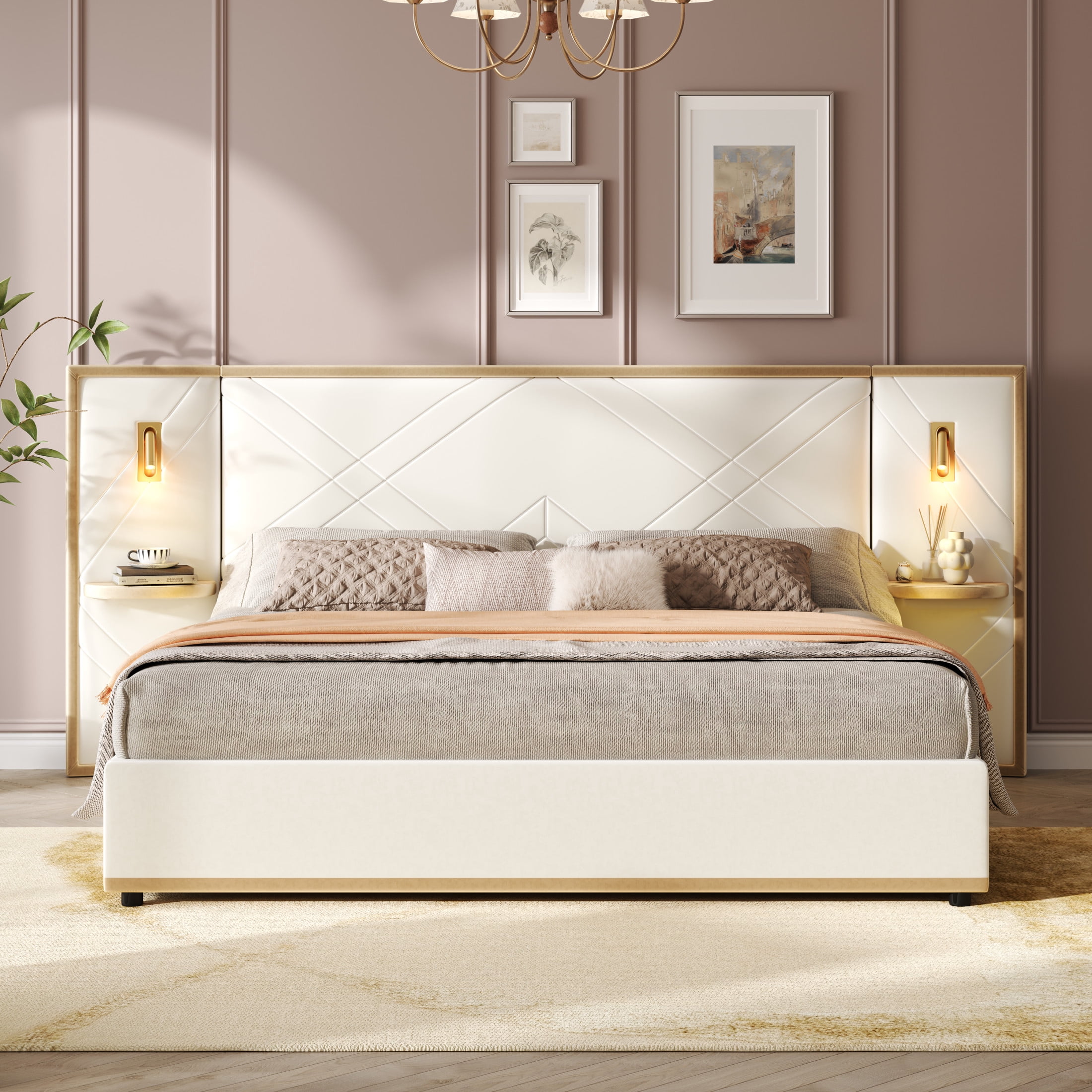 Christopher Knight Home Luxury Velvet Upholstered Queen Bed with Headboard, LED Lights, Storage Side Panels, Beige