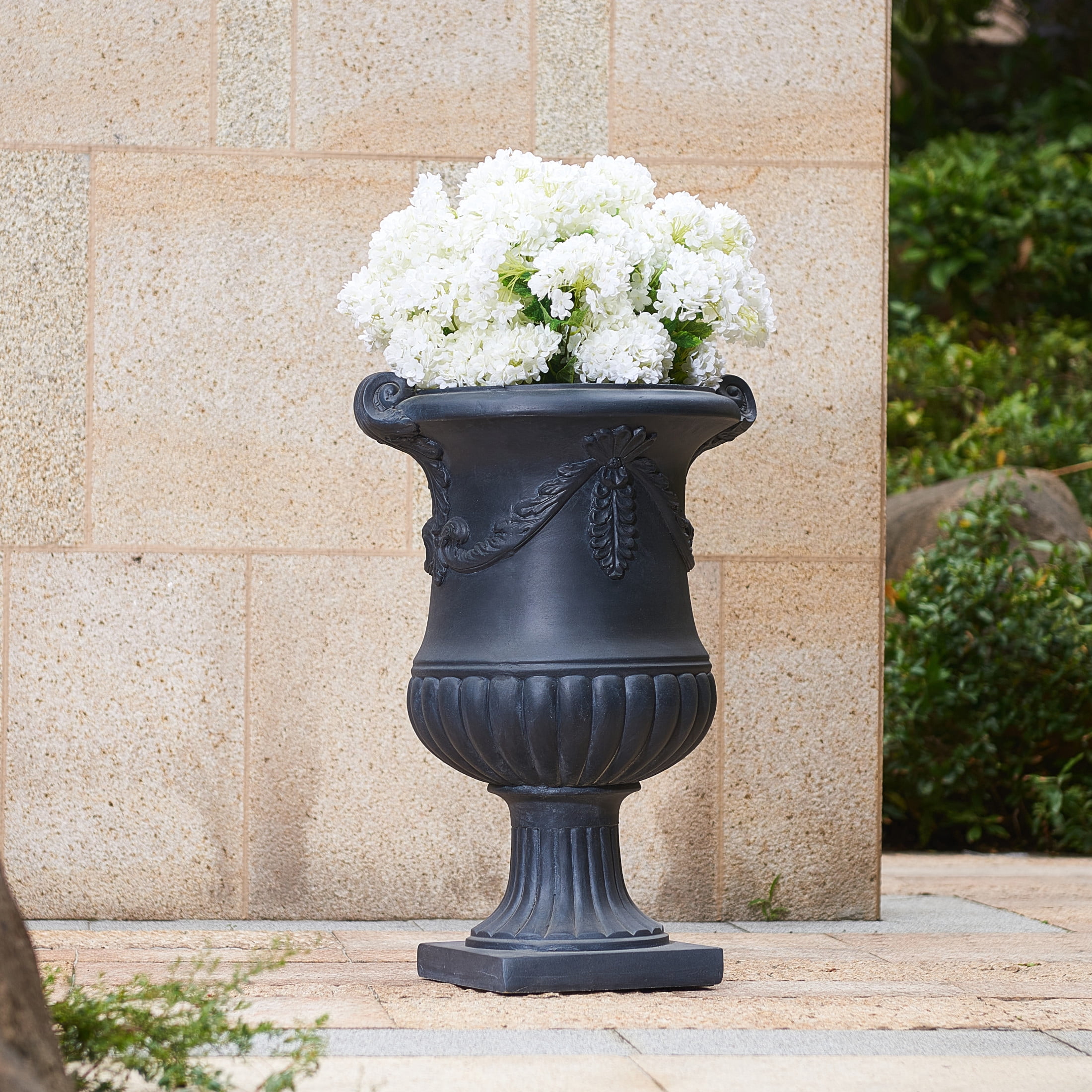 Christopher Knight Home MGO Flower Urn Planter with Scroll Handles, Black Finish