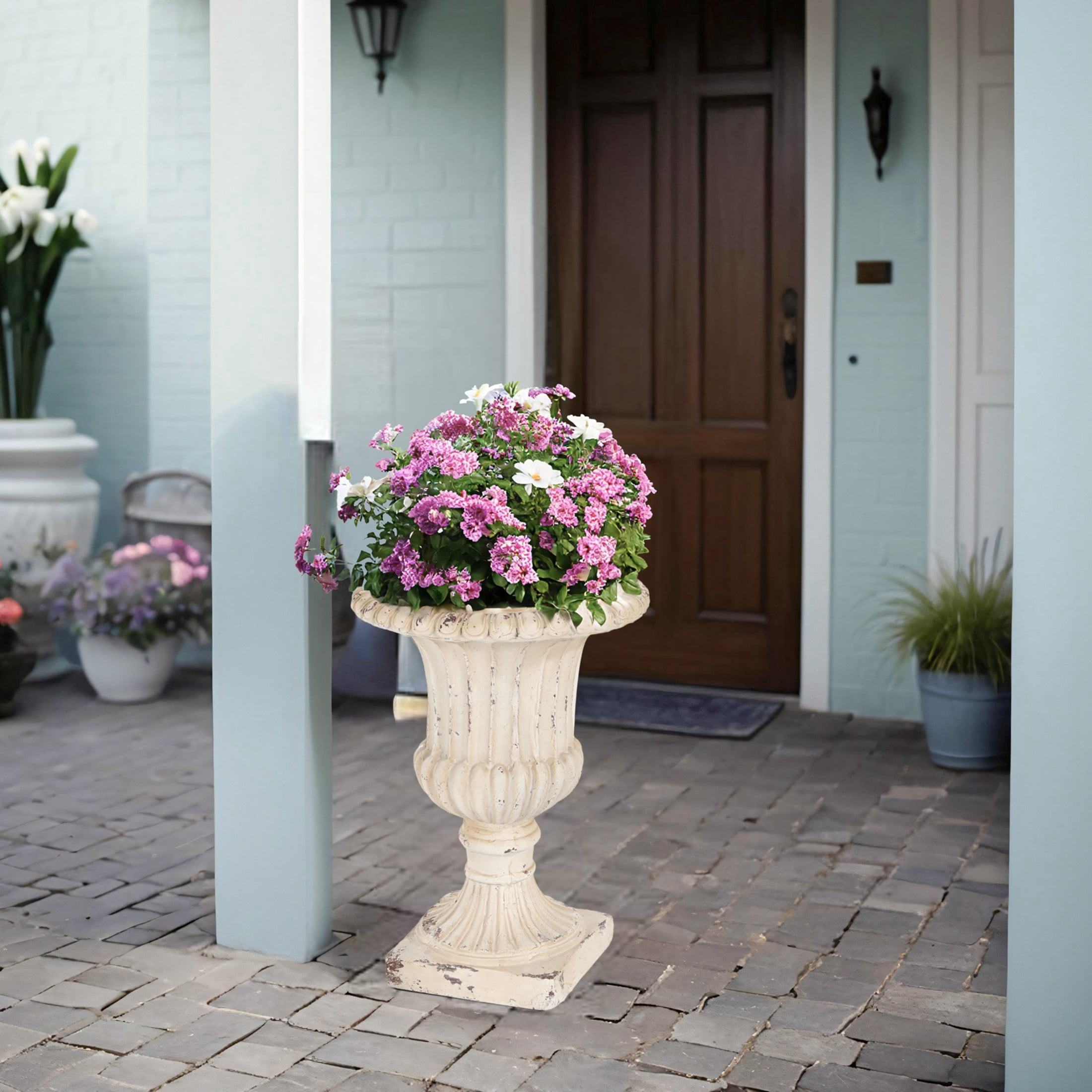 Christopher Knight Home MGO Garden Urn Planter, Hand-Painted Outdoor Pot with Drainage Hole, Antique White