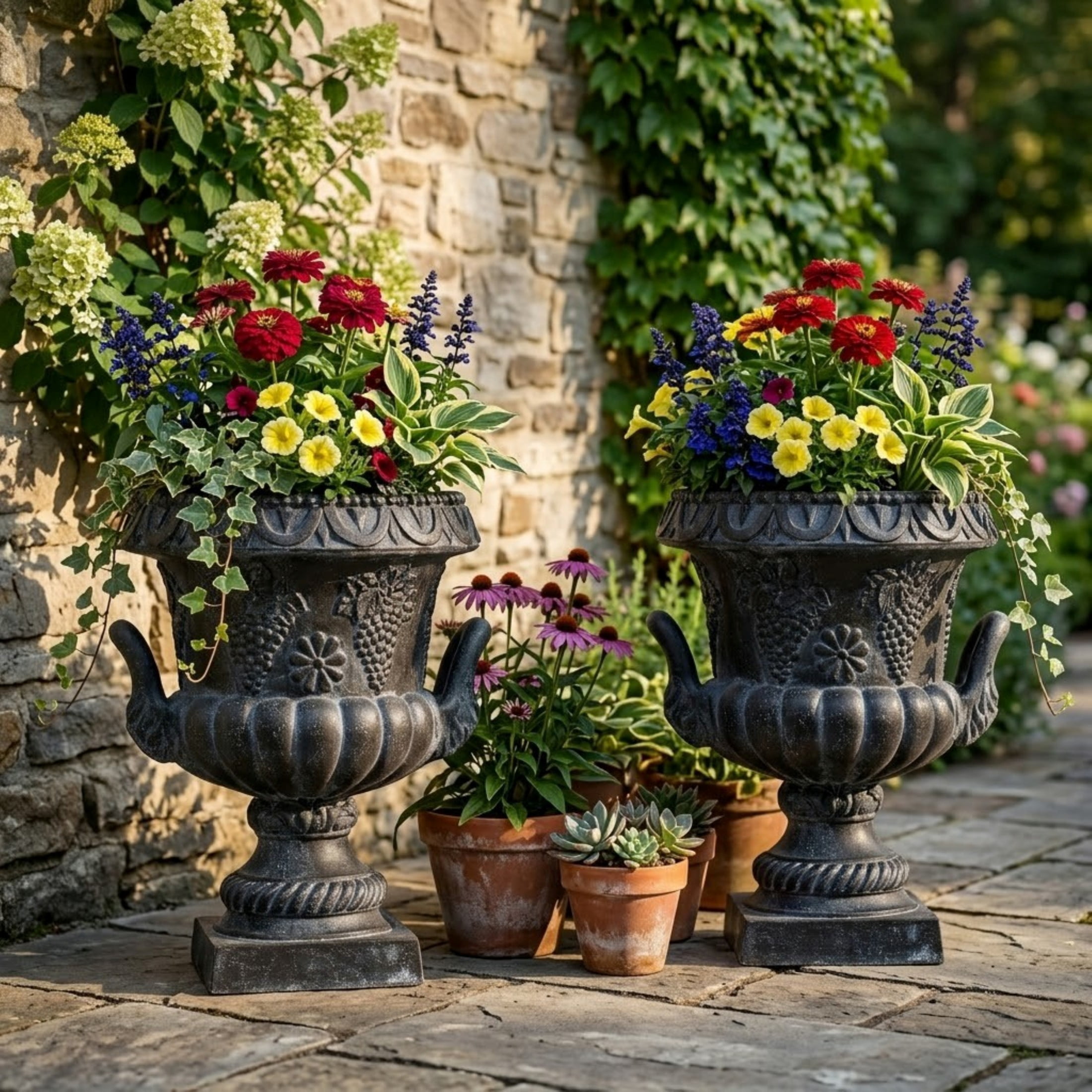 Christopher Knight Home MGO Grape Relief Urn Planter with Elephant-Head Handles, Antique Black, Set of 2
