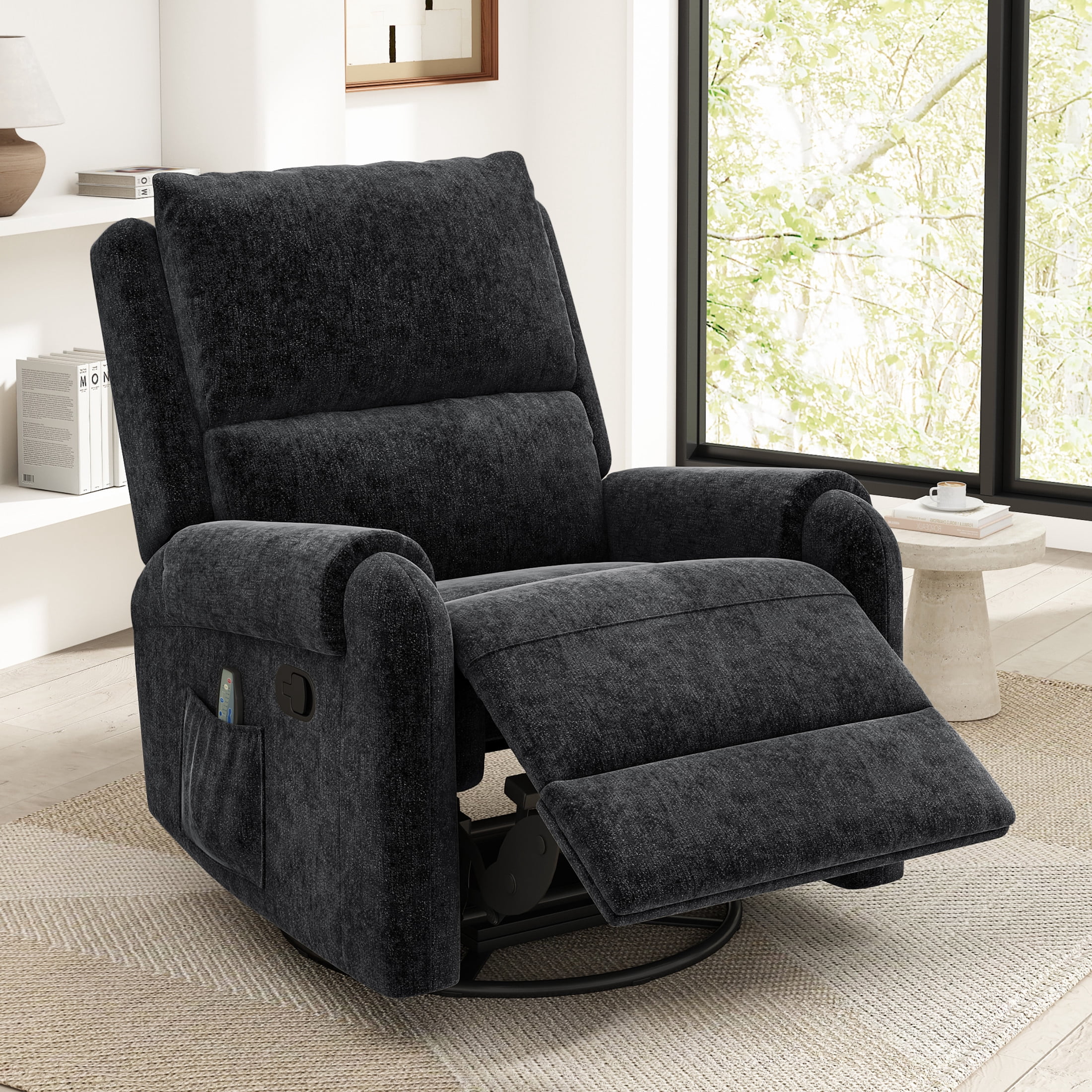 Christopher Knight Home Manual Recliner Chair with Massage, Swivel Rocker, Side Storage Pocket, Black