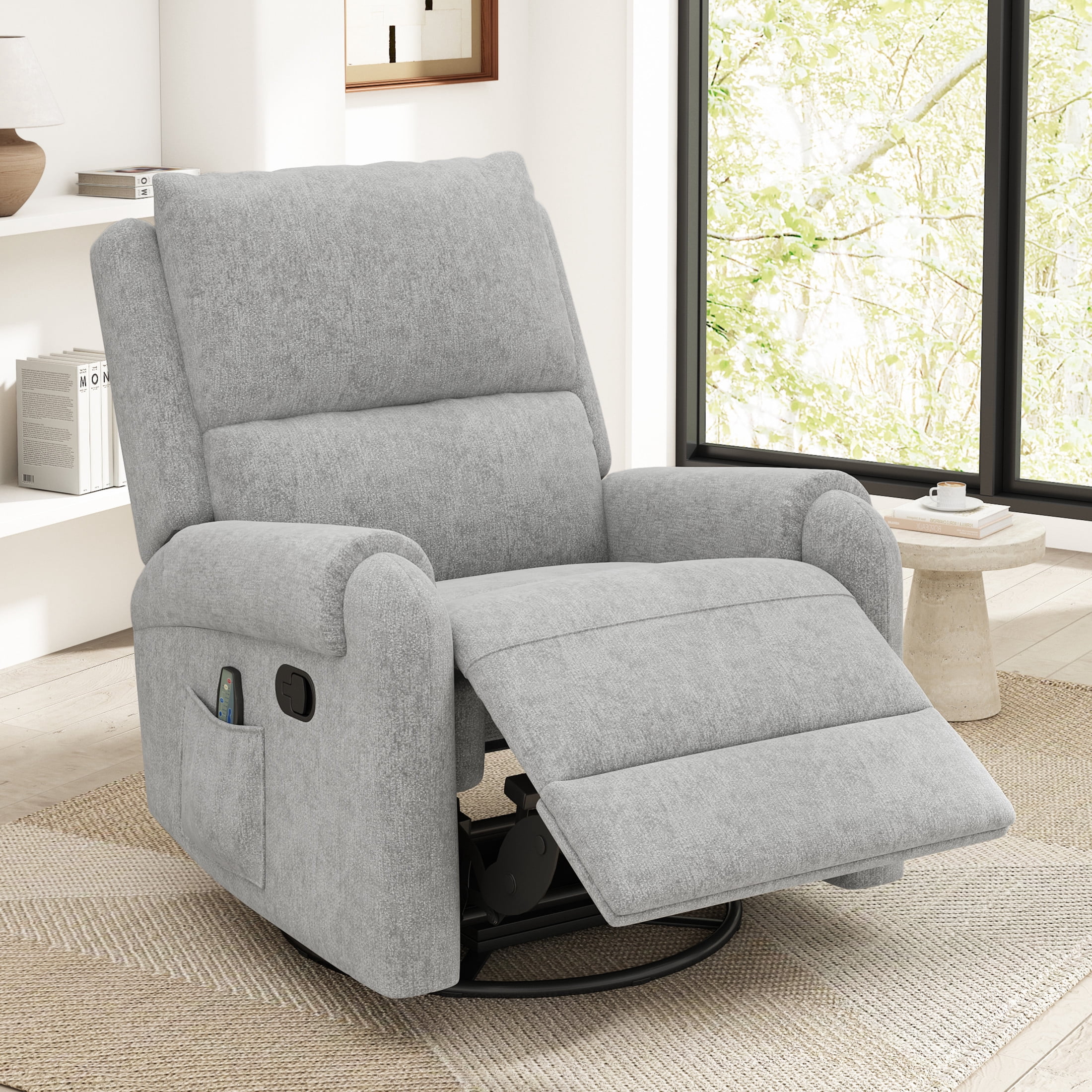Christopher Knight Home Manual Recliner Chair with Massage, Swivel Rocker, Side Storage Pocket, Gray