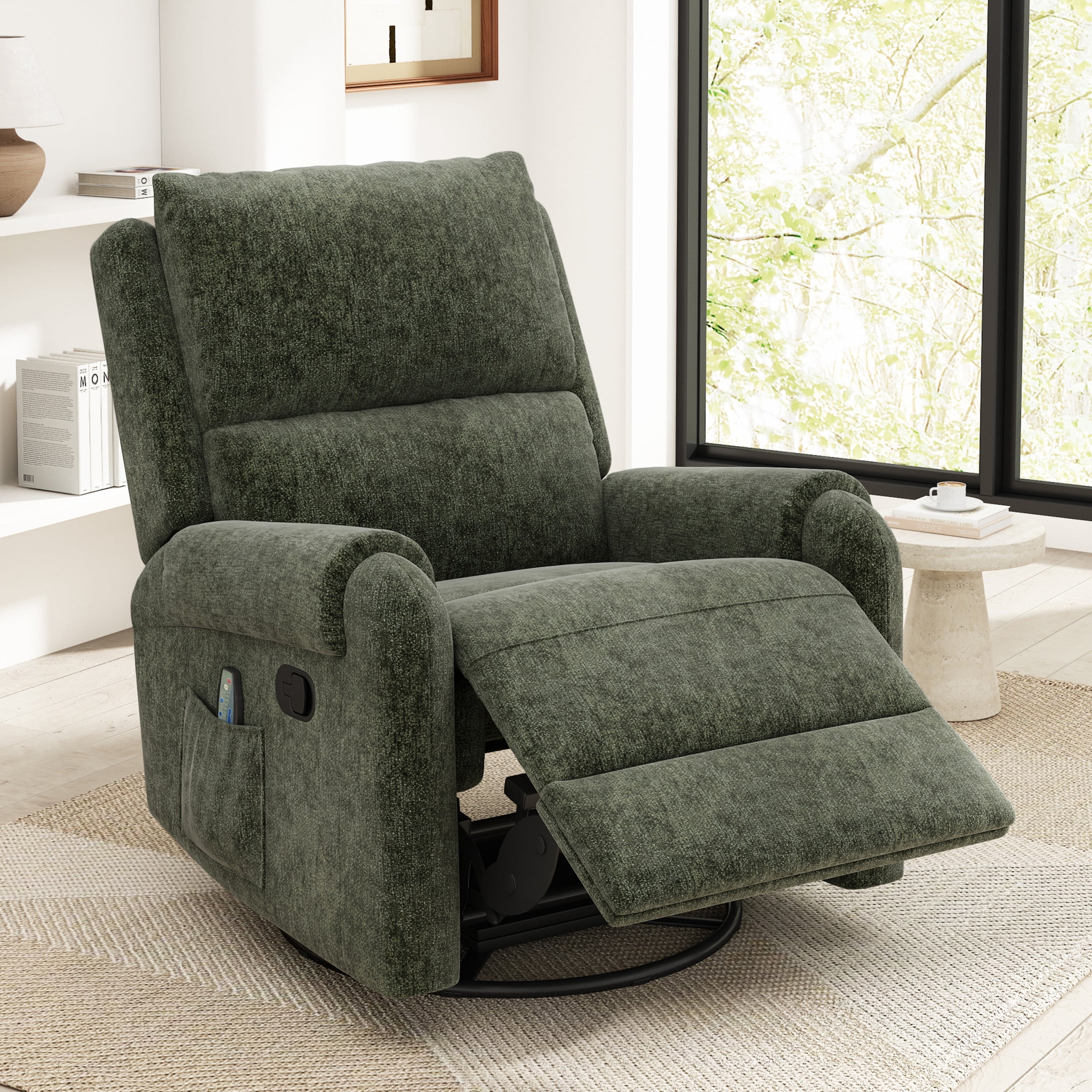 Christopher Knight Home Manual Recliner Chair with Massage, Swivel Rocker, Side Storage Pocket, Green