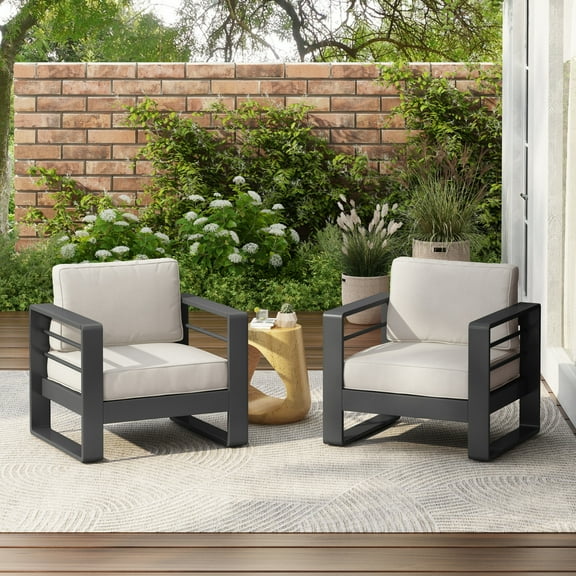 Christopher Knight Home Modern Outdoor Club Chair with Beige Cushions, Aluminum Frame, Black Brushed Finish, Set of 2