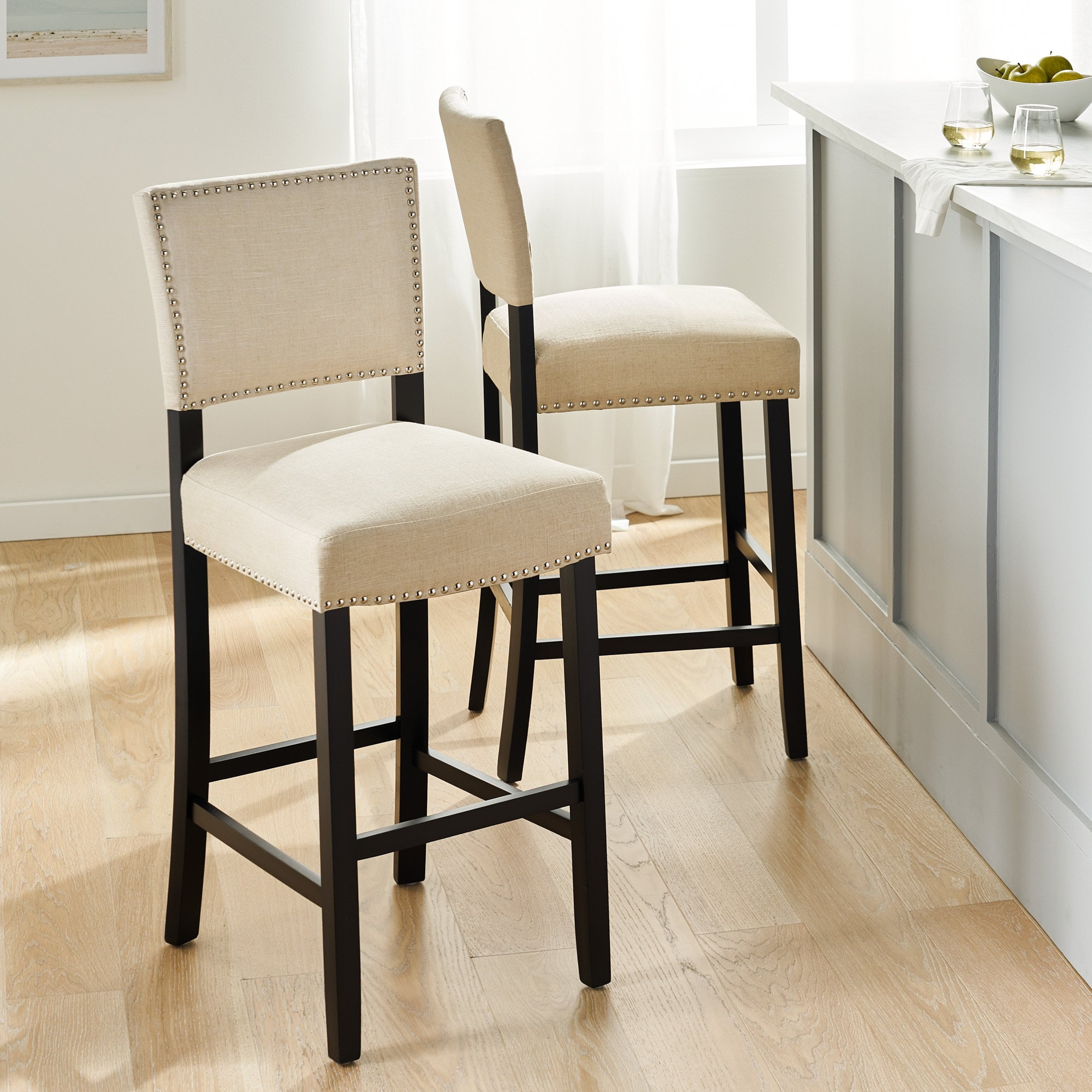 Ivory Linen and Espresso Wood Barstools Set of 2
