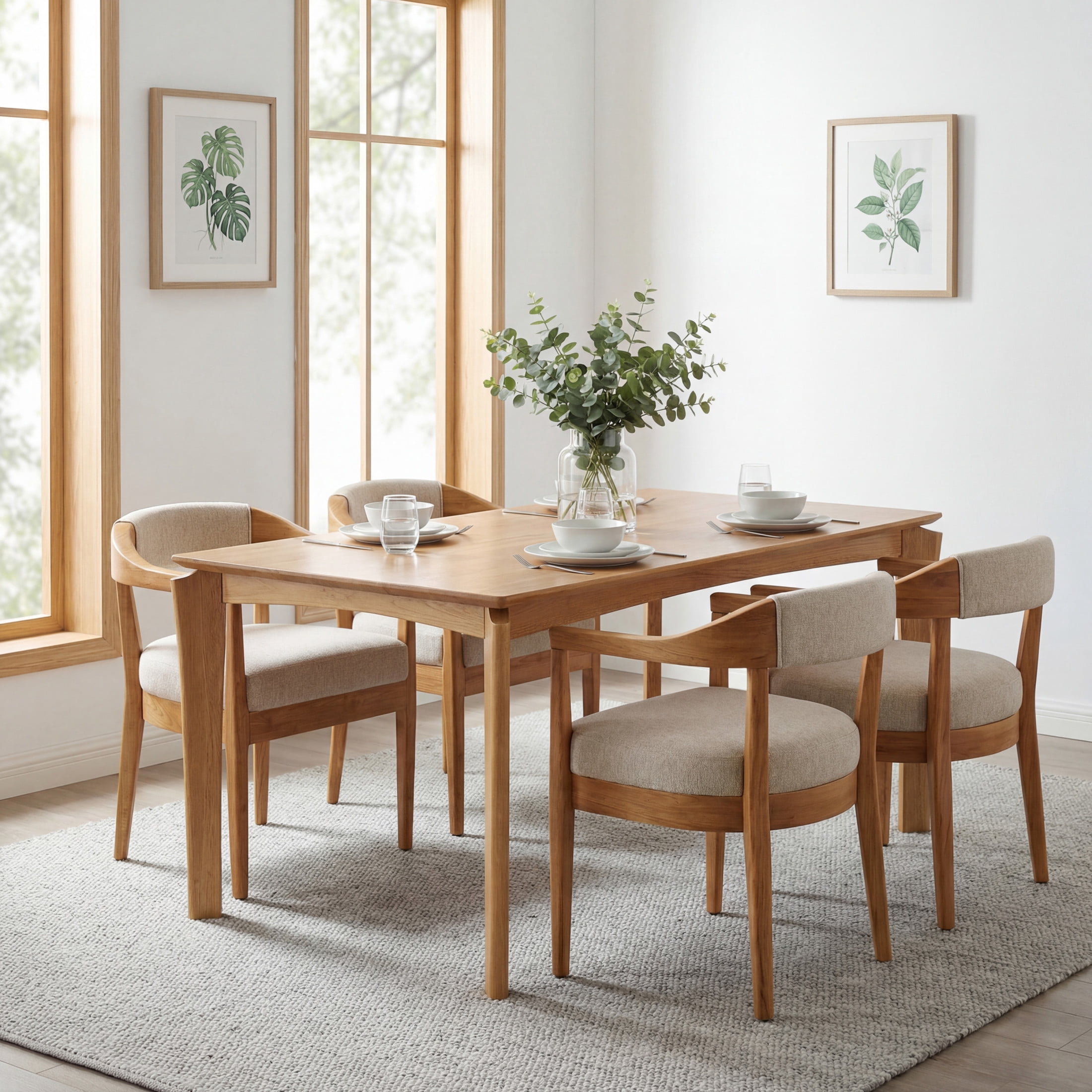 Christopher Knight Home Mid Century 5-Piece Dining Set, Wood Table with Upholstered Arm Chairs, Beige+Natural