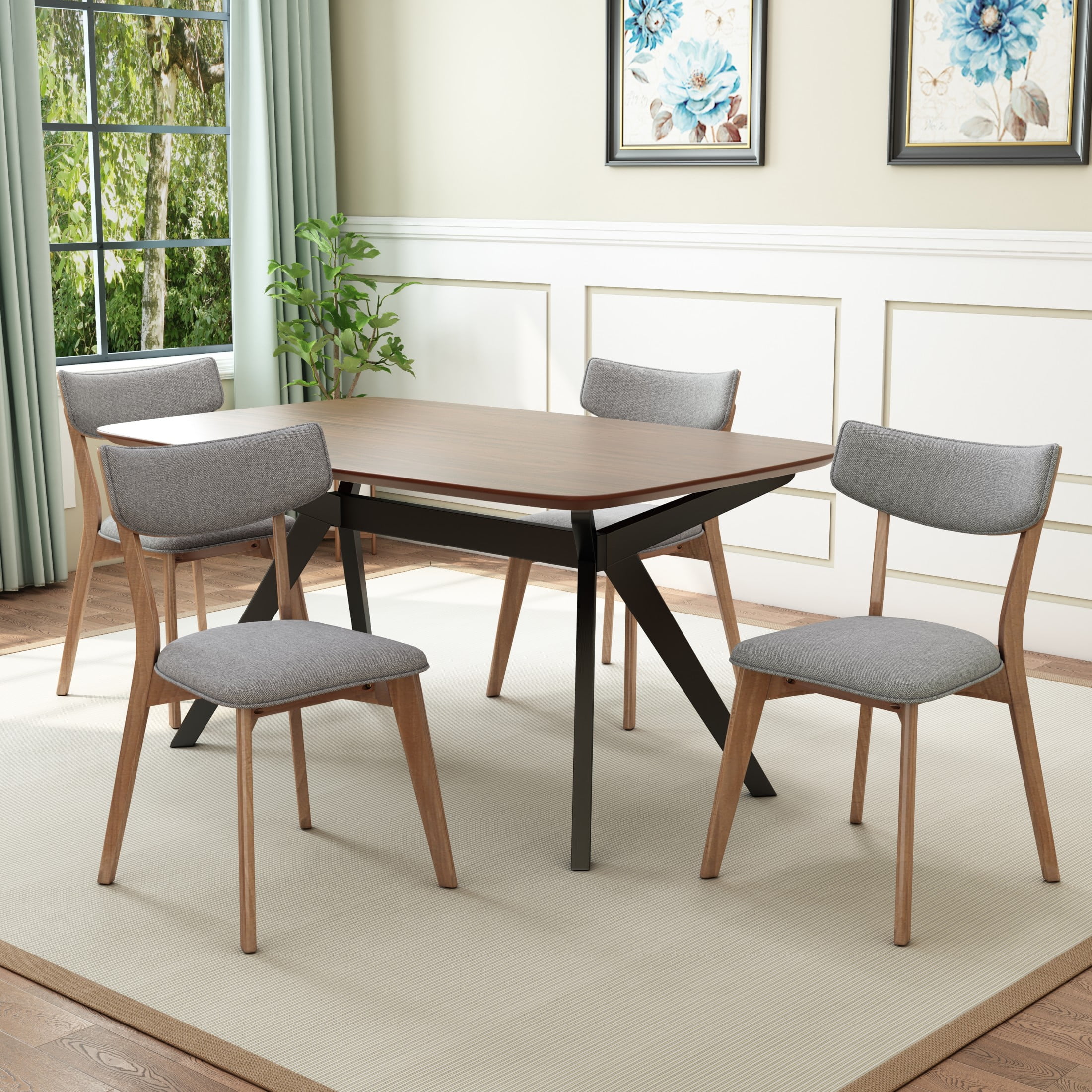 Christopher Knight Home Mid-Century 5-Piece Dining Set with Rectangular Table and 4 Grey Upholstered Chairs