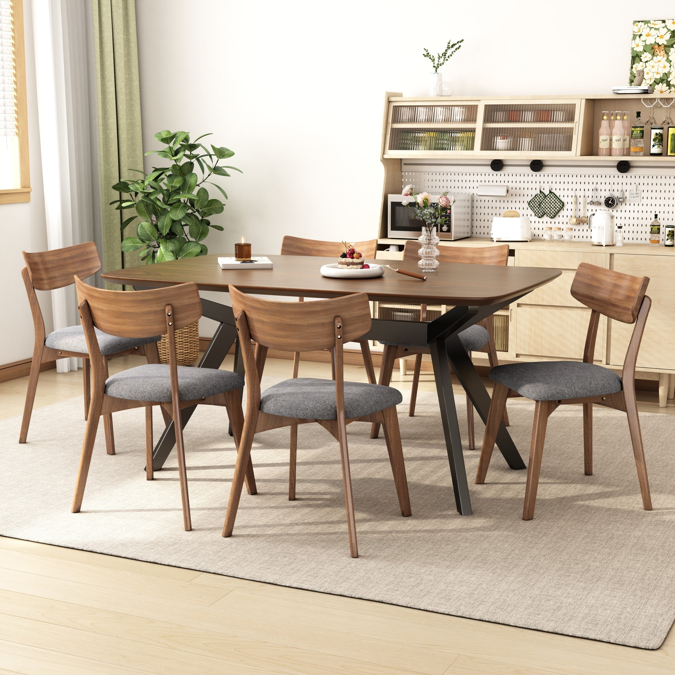 Christopher Knight Home Mid-Century 5-Piece Dining Set with Rectangular Table and 4 Grey Upholstered Chairs