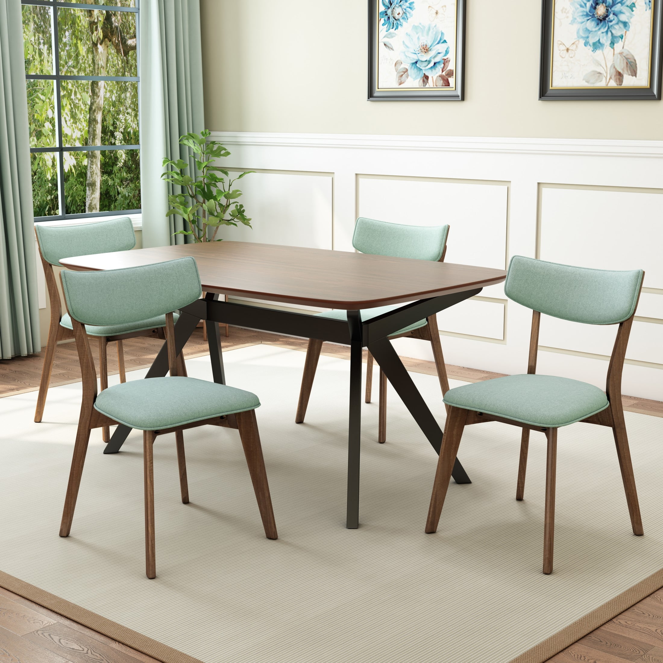 Christopher Knight Home Mid-Century 5-Piece Dining Set with Rectangular Table and 4 Mint Upholstered Chairs