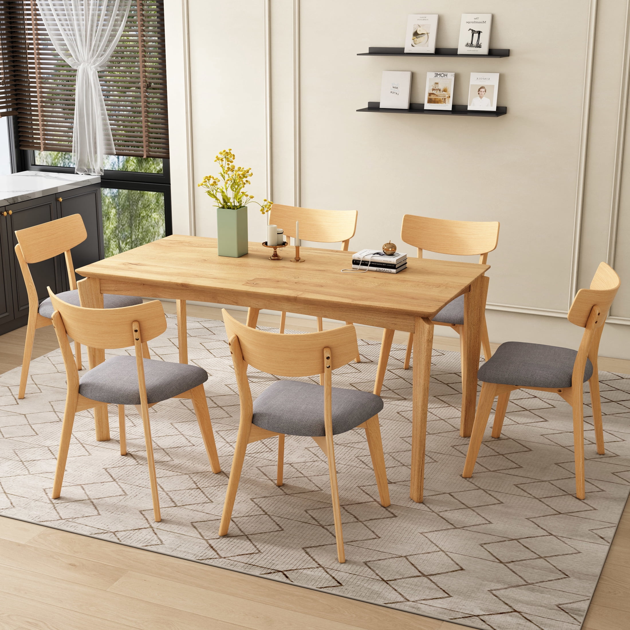 Christopher Knight Home Mid-Century 7 Piece Dining Set, 59" Wood Table and Upholstered Chairs, Dark Gray+Natural