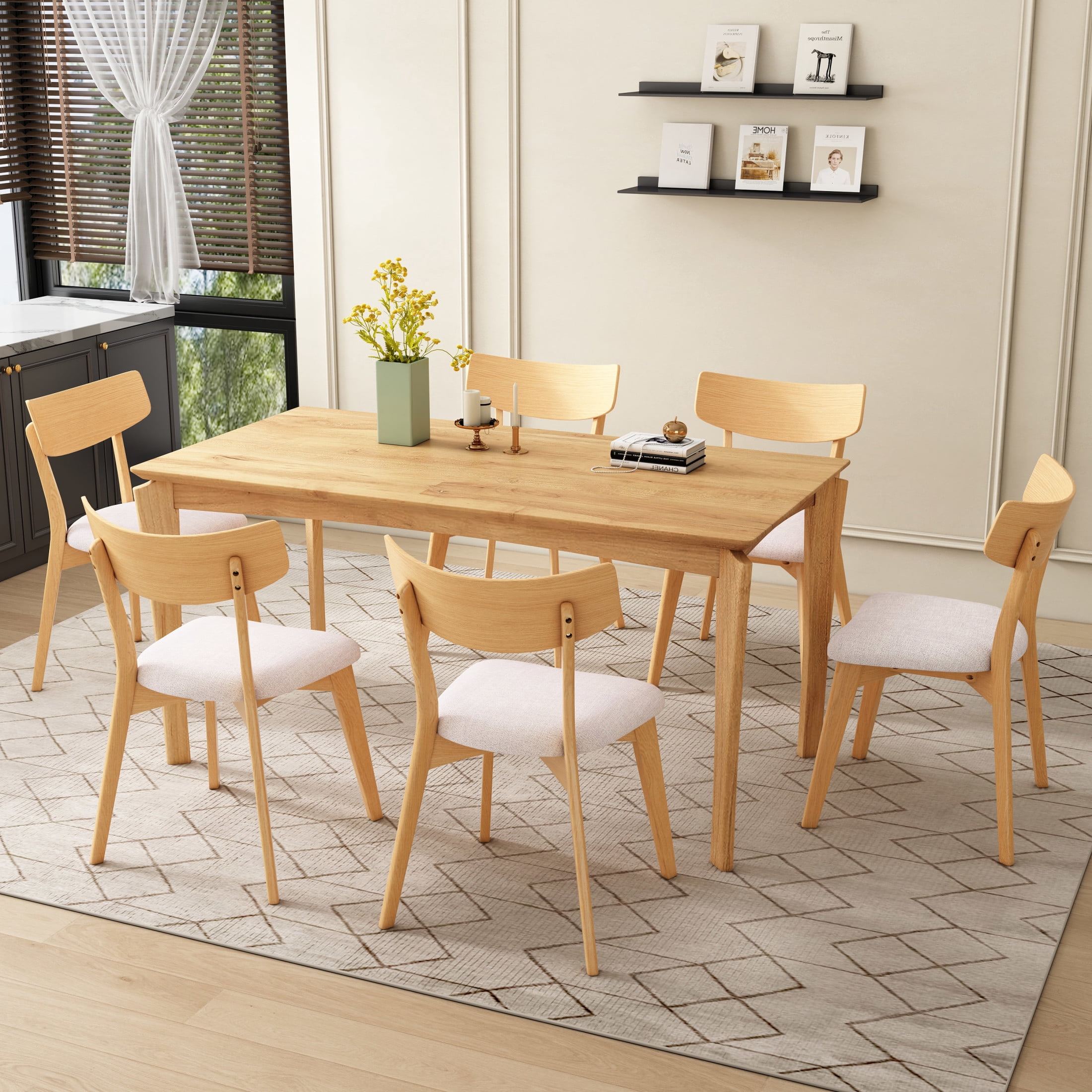 Christopher Knight Home Mid-Century 7 Piece Dining Set, 59" Wood Table and Upholstered Chairs, Light Beige+Natural