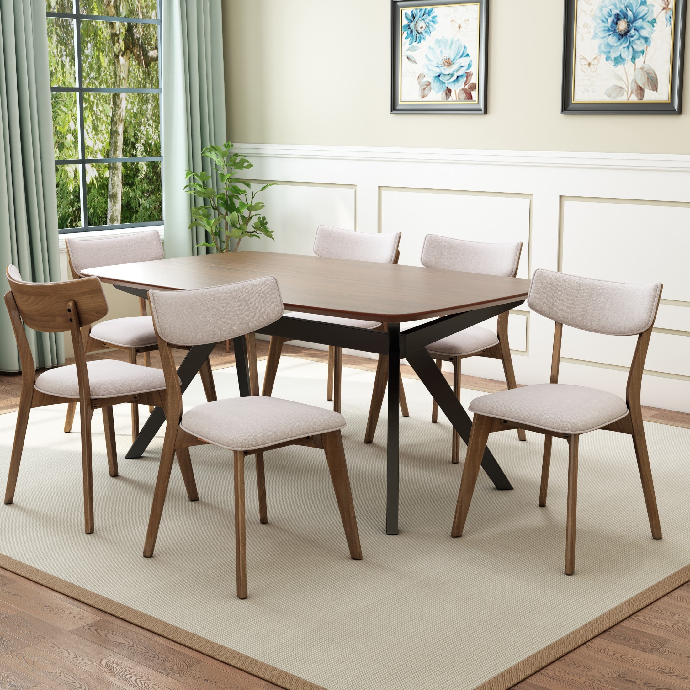 Christopher Knight Home Mid-Century 7-Piece Dining Set with Rectangular Table and 6 Beige Upholstered Chairs
