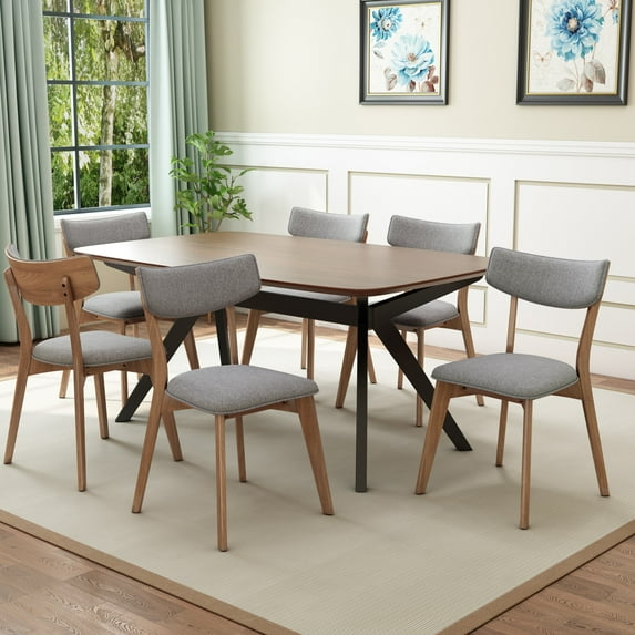 Christopher Knight Home Mid-Century 7-Piece Dining Set with Rectangular Table and 6 Grey Upholstered Chairs