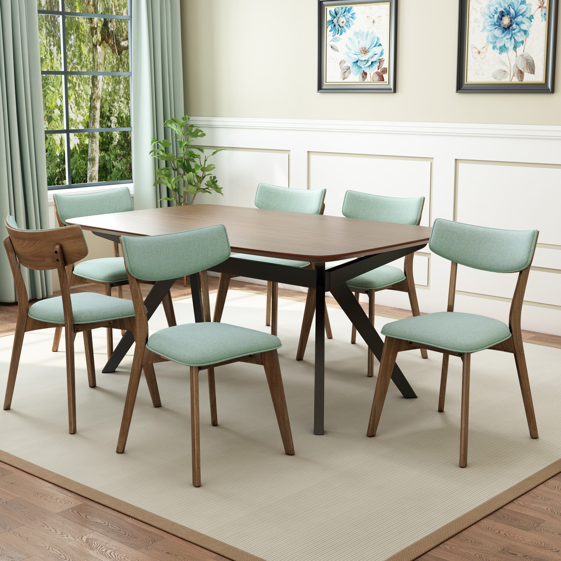Christopher Knight Home Mid-Century 7-Piece Dining Set with Rectangular Table and 6 Mint Upholstered Chairs
