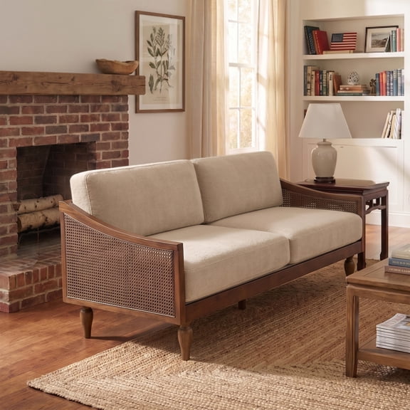 Christopher Knight Home Mid-Century 70.9" 3-Seater Sofa with Rattan Armrests, Wooden Frame, Light Brown