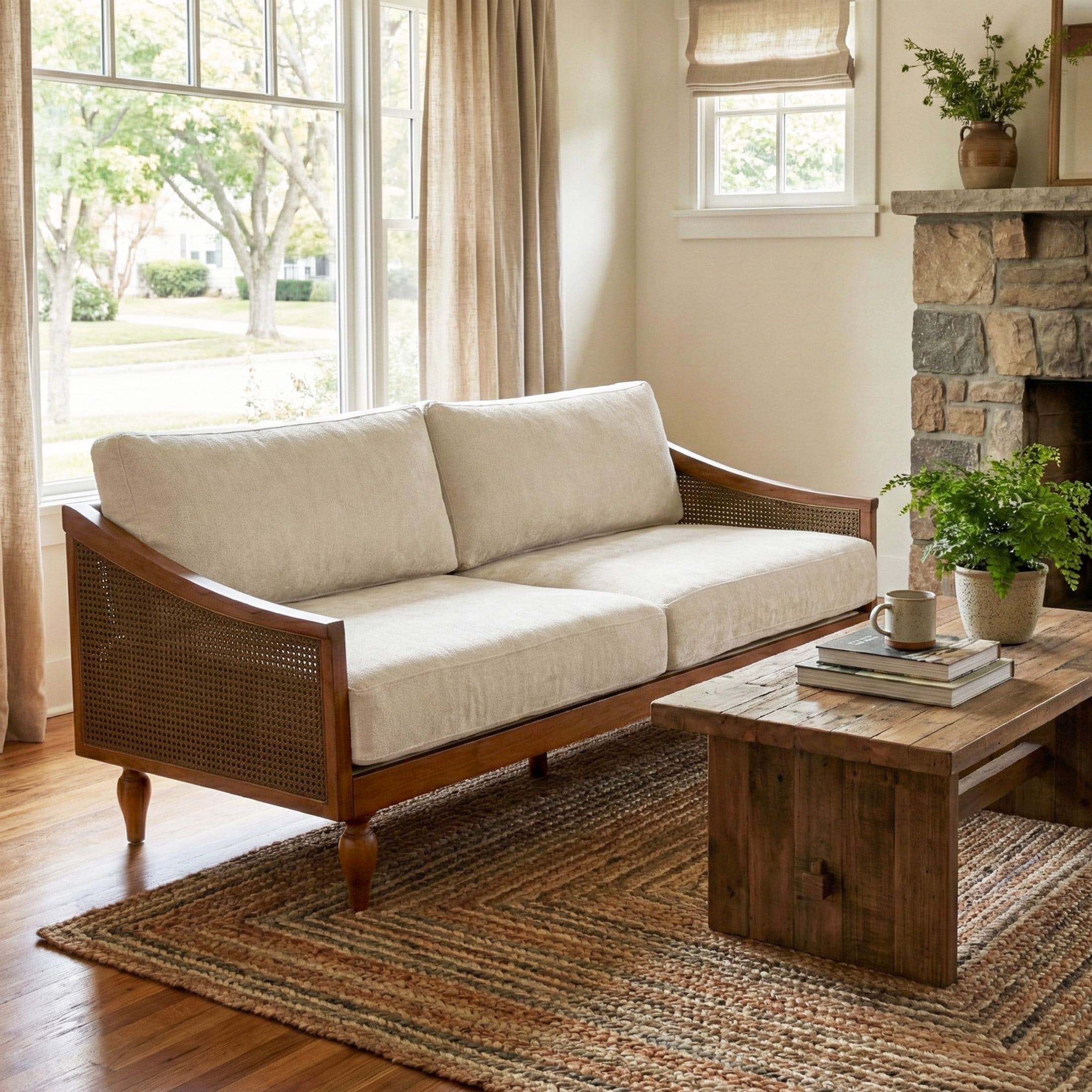 Christopher Knight Home Mid-Century 70.9" 3-Seater Sofa with Rattan Armrests, Wooden Frame, Walnut