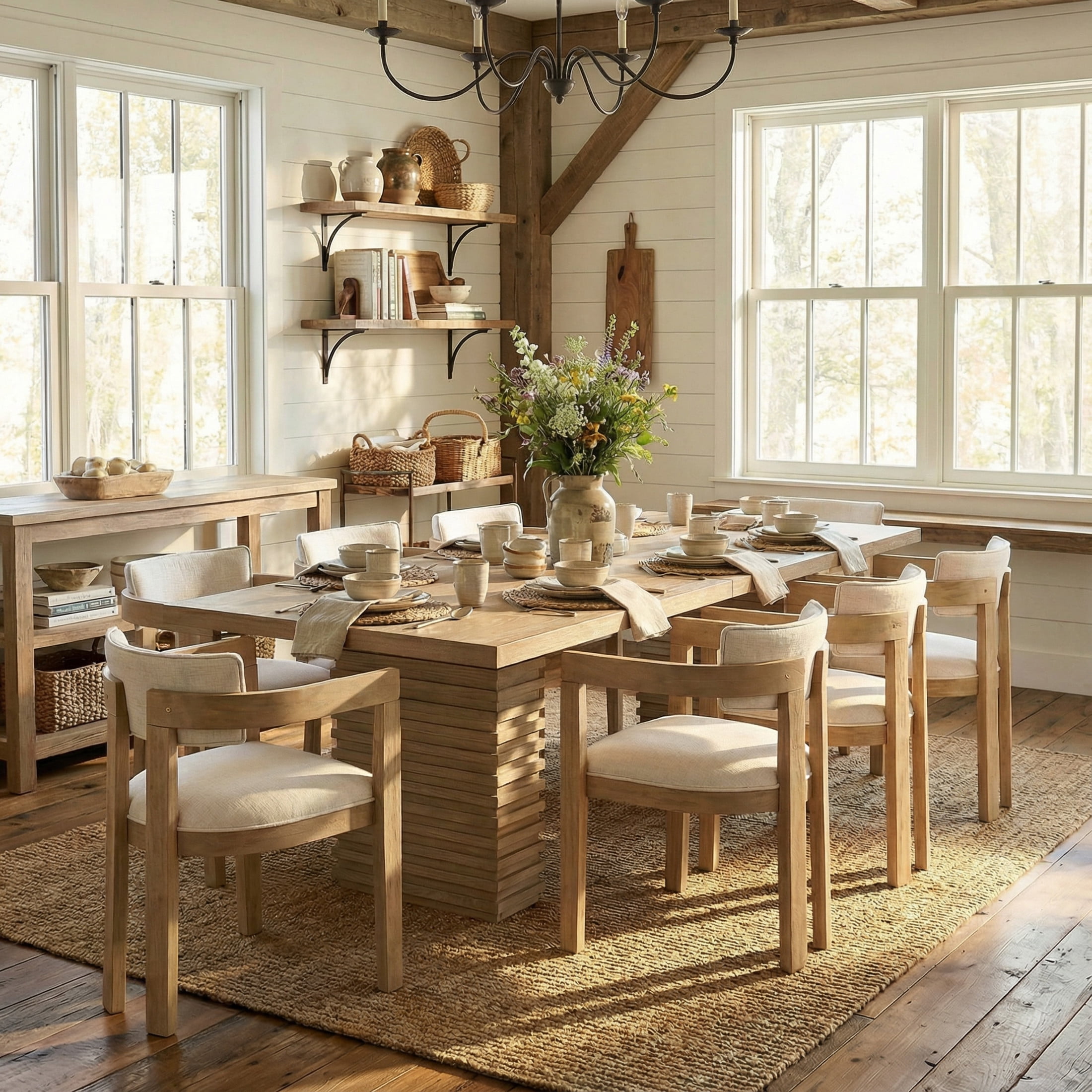 Christopher Knight Home Mid Century 9-Piece Dining Set, Wood Table with Upholstered Chairs for 8, Light Ash