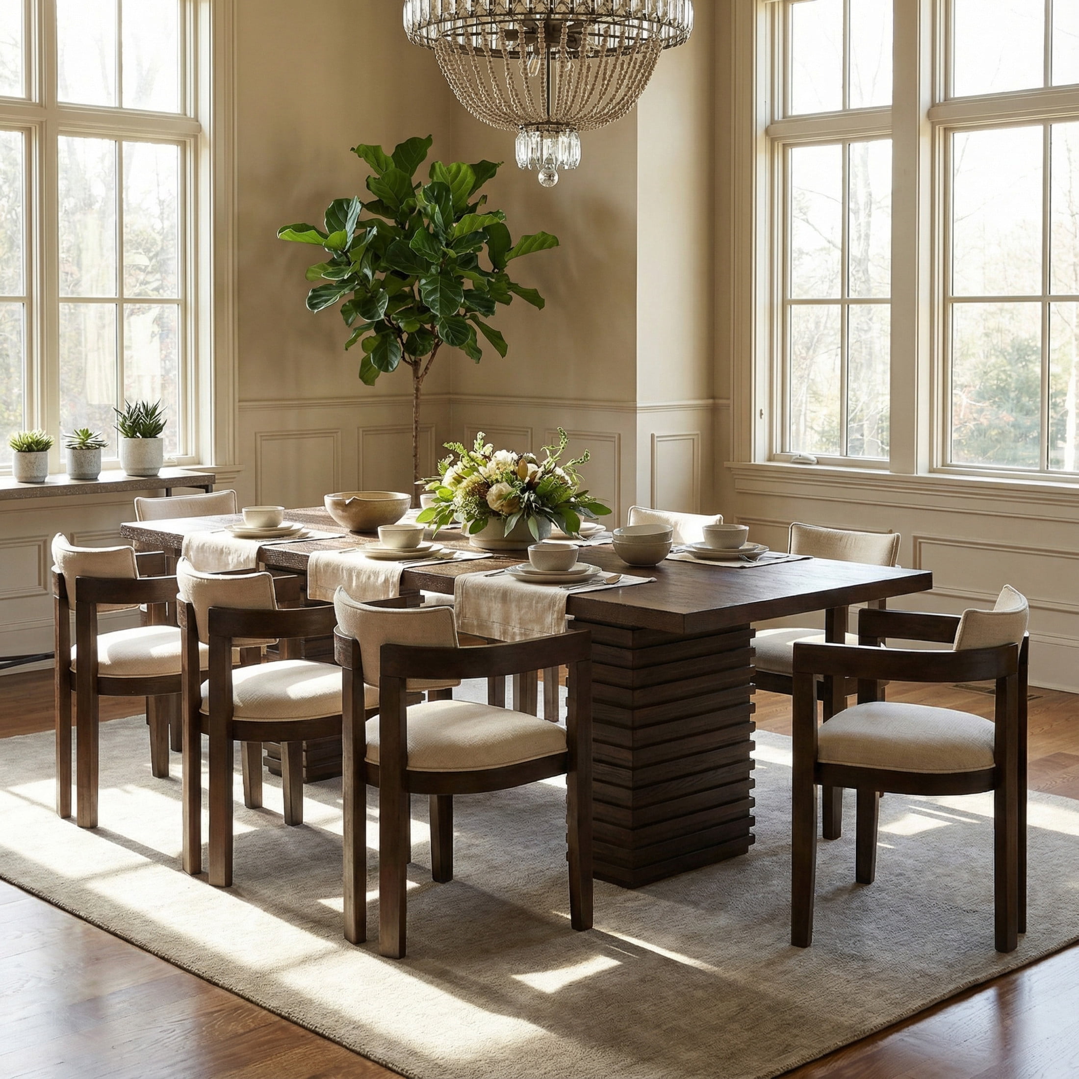 Christopher Knight Home Mid Century 9-Piece Dining Set, Wood Table with Upholstered Chairs for 8, Walnut
