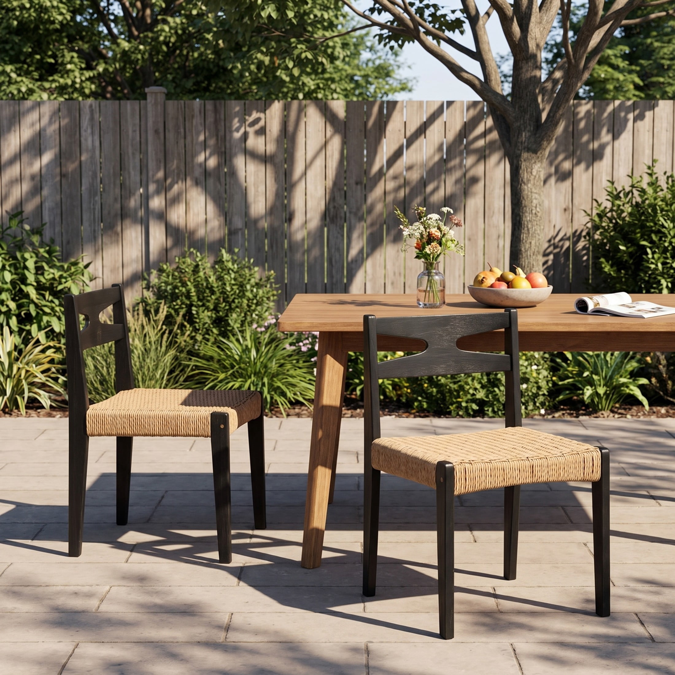 Christopher Knight Home Mid-Century Acacia Wood Dining Chairs with Woven Seat, Black, Set of 2